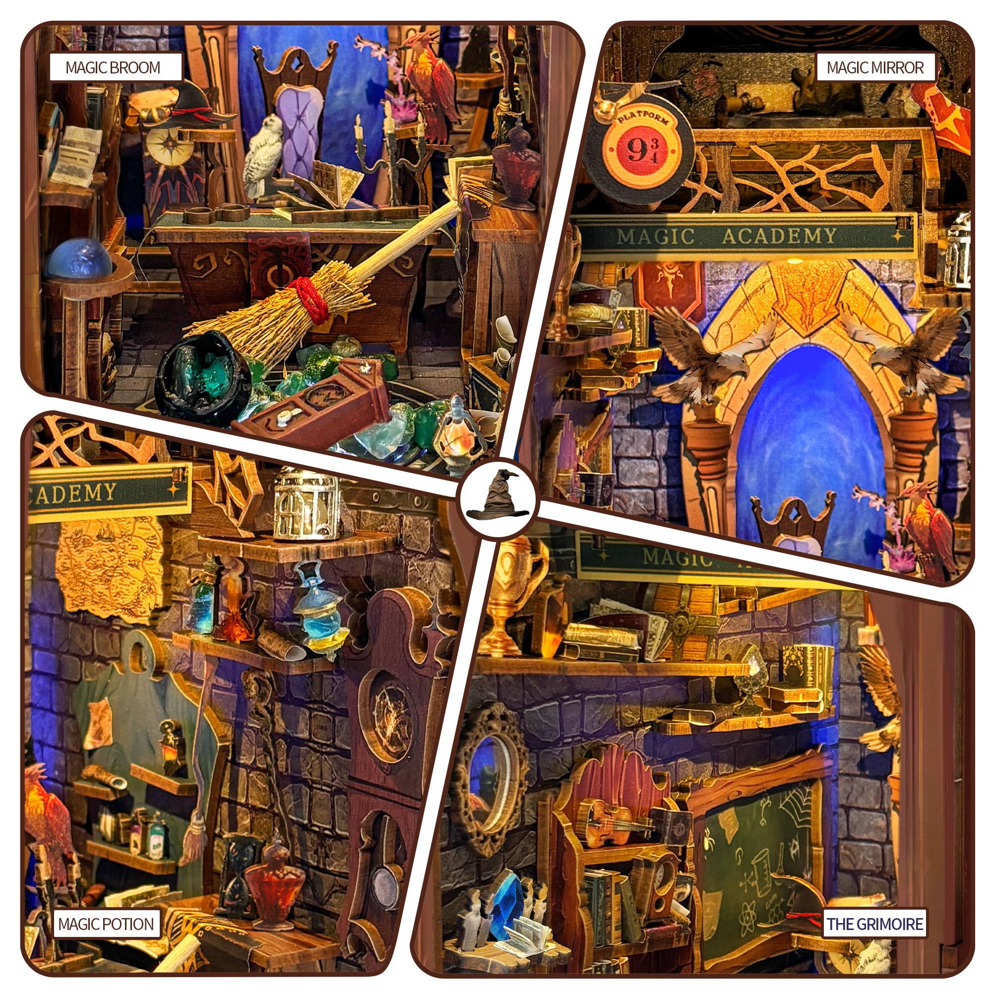 Magiczny zestaw zakątek książki z różdżką, drewniane puzzle 3D, domek dla lalek, kreatywny zestaw regałów na książki, dekoracja dla dorosłych, nastolatków, Magic Academy (SQ-38)
