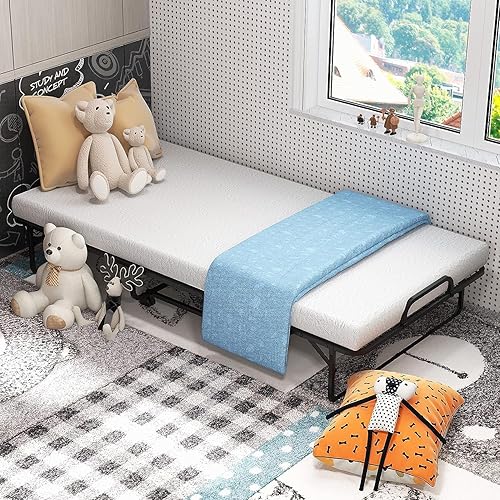 Miniatura 8 de HAPPYGRILL Cama plegable con colchón de 4 pulgadas, cama plegable de tamaño individual con marco de acero resistente, fácil almacenamiento, 4 ruedas