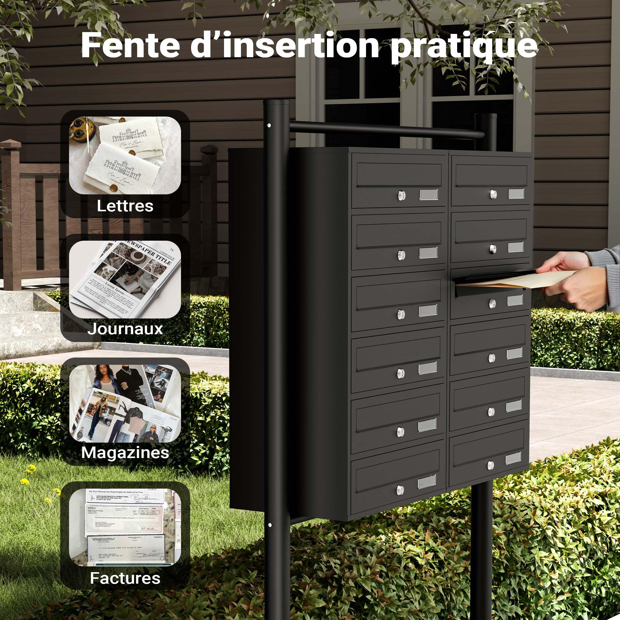 Wiltec Boîte aux Lettres sur Pieds Noire 945 x 270 x 1500 mm, avec 12 Compartiments verrouillables 2x6 et Porte-nom, Revêtement en Poudre, pour Courrier