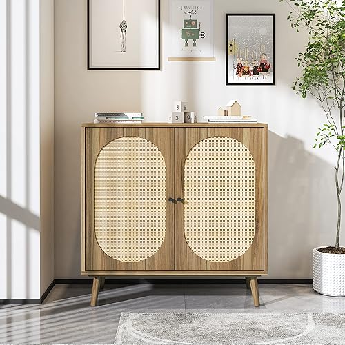 Miniatura 3 de Goujxcy Aparador de bufé gabinete de almacenamiento de cocina con 2 puertas de ratán natural hechas a mano gabinete de licor para sala de estar bar