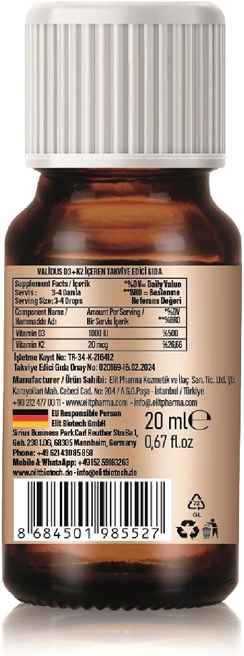Validus Vitamin D3 + Vitamin K2 Damla 20 ml