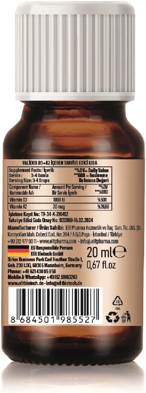 Validus Vitamin D3 + Vitamin K2 Damla 20 ml