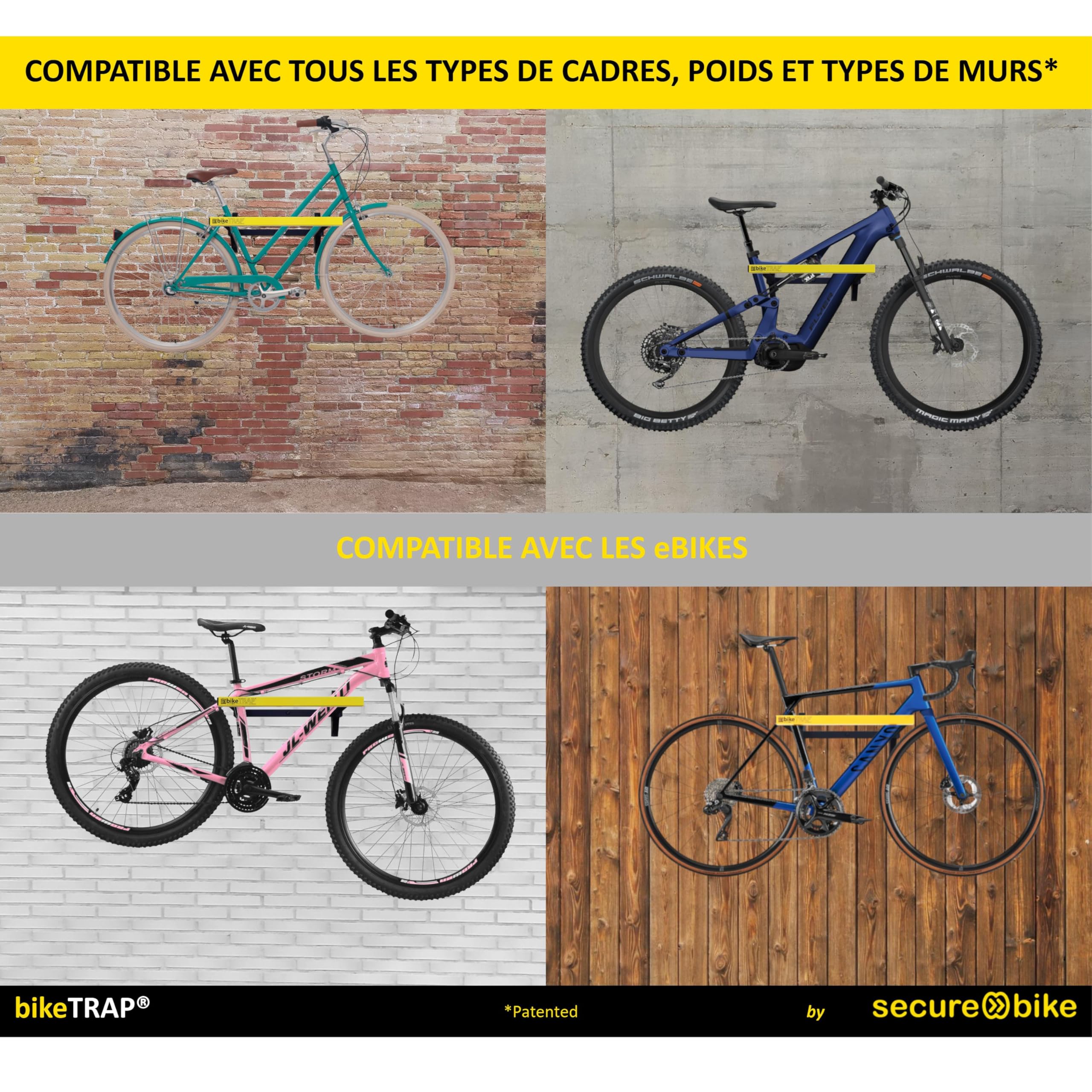 Support Mural Porte vélo et Cadenas antivol - bikeTRAP. Crochet de Mur per Deux vélos, Compatible avec Tous Les Cadres et Poids. Rangez Votre vélo dans garages, dépôts ... en Toute tranquillité !