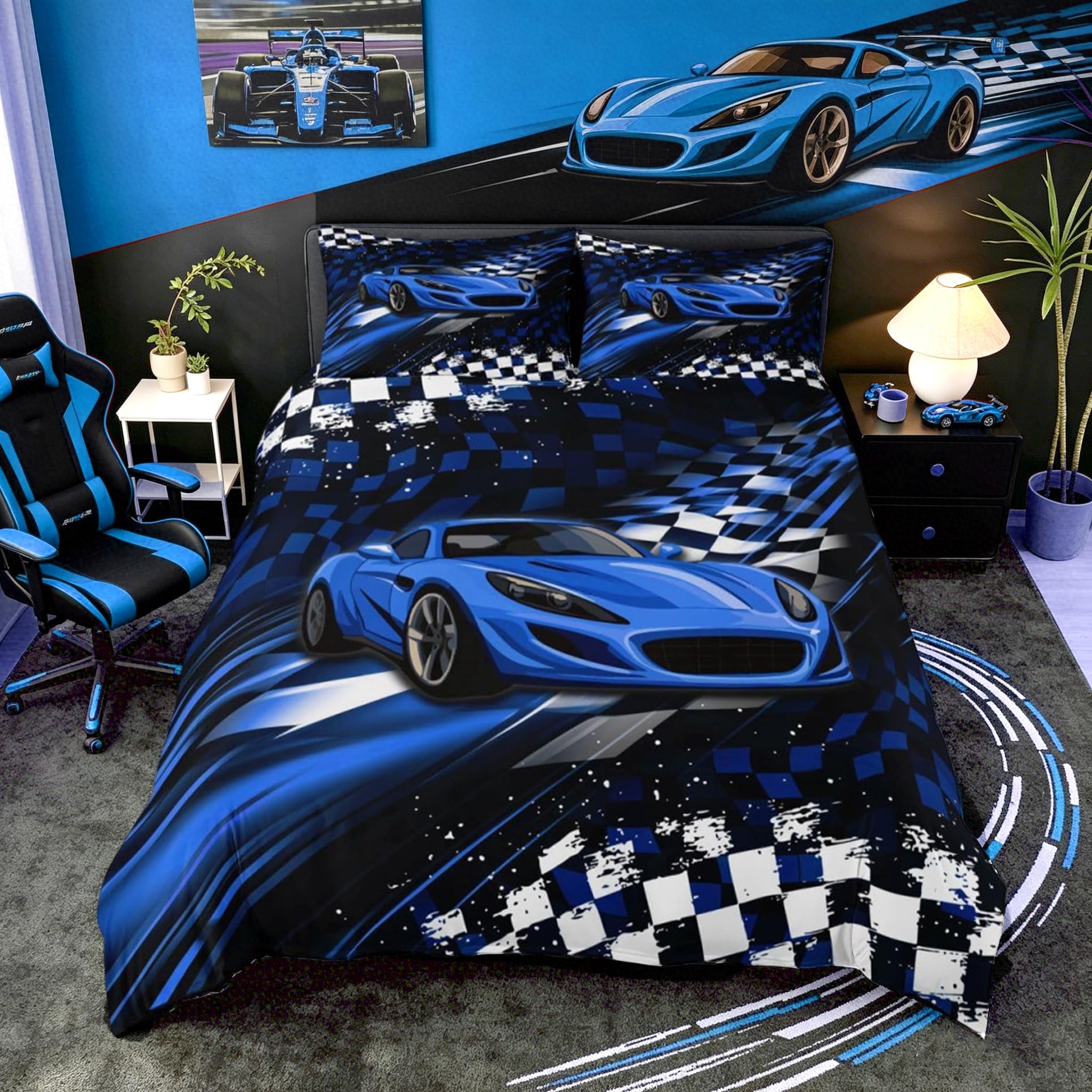 Homemissing Blue Geometric Race Car Duvet Cover Set Super King Size For Kids Boys Girls Speed Sports Car Bedding Set Racing Flag Duvet Cover with 2 Pillowcases Grid Bedding