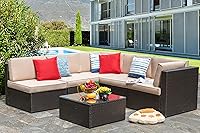 Vongrasig 6-Piece Beige PE Wicker Patio Sectional Sofa Set with Glass Table - All-Weather L-Shaped Outdoor Conversation Furniture