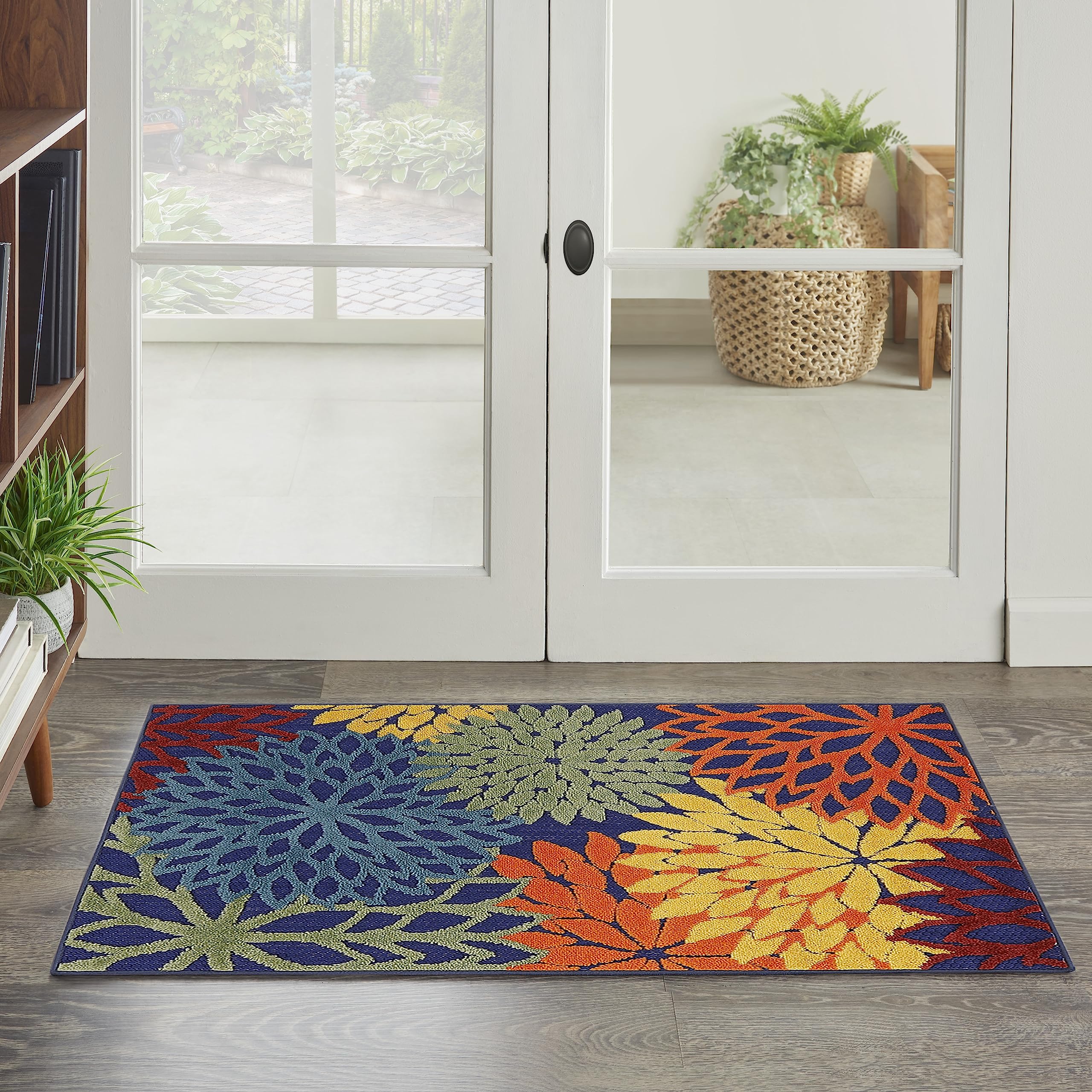 Nourison Home Aloha Indoor-Outdoor Navy Multicolor 2'8" x 4' Area Rug, Easy Cleaning, Non Shedding, Bed Room, Living Room, Dining Room, Backyard, Deck