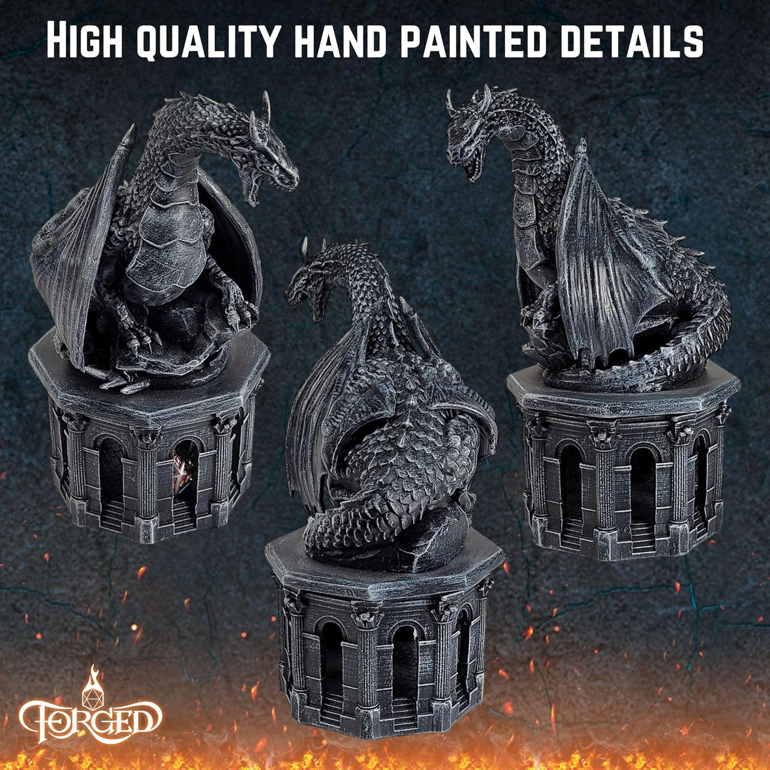 Forged Dice Co. Dragon Dice Jail - D&D Dice Holder and Storage Box with Removable Collectors Dragon Miniature - Fits Up to 2 Standard Polyhedral RPG Sets - Black