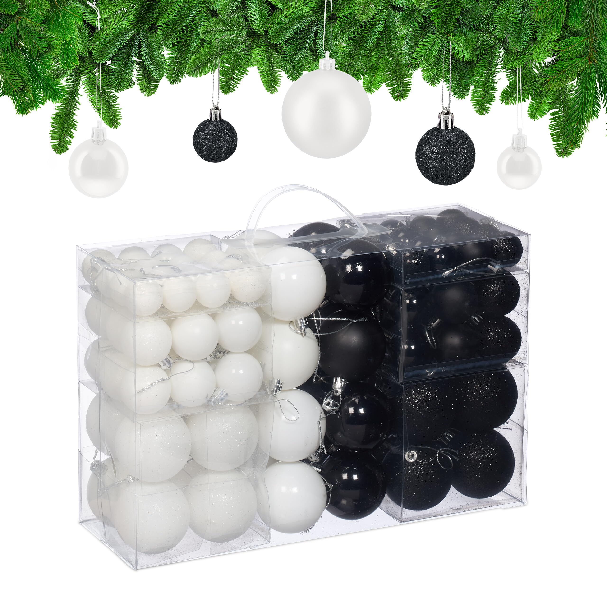 Relaxdays 100 Boules de Noël, Mates, Brillantes et pailletées, pour décorer Le Sapin, Noires et Blanches