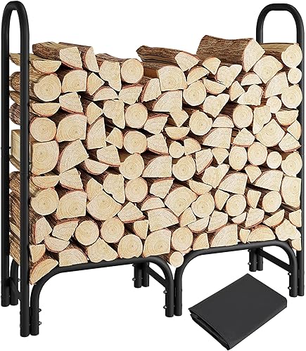 Yaheetech Estante de leña para exteriores de 4 pies de metal resistente para interiores con cubierta impermeable, soporte de madera para chimenea,