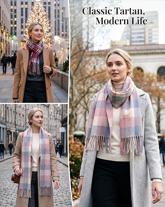 Achillea Scottish Tartan Plaid Shawl Wrap, Soft Cashmere Feel Winter Scarf