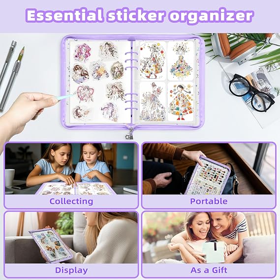 Mlife Sticker Storage Organizer,Sticker Organizer Binder Reusable Sticker Book Collecting Album A5 Sticker Collecting Book Clear Sticker Album Holder with Blank Release Paper, Tweezer & Spatula(Black)