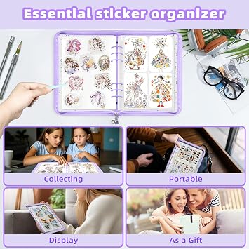Mlife Sticker Storage Organizer,Sticker Organizer Binder Reusable Sticker Book Collecting Album A5 Sticker Collecting Book Clear Sticker Album Holder with Blank Release Paper, Tweezer & Spatula(Black)