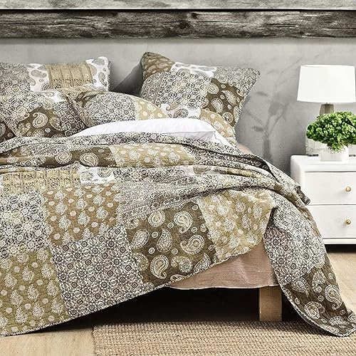 DaDa Bedding - Juego de edredón de retazos de algodón bohemio, colcha marroquí Dreams Cal King, duradera y reversible, diseño intrincado de