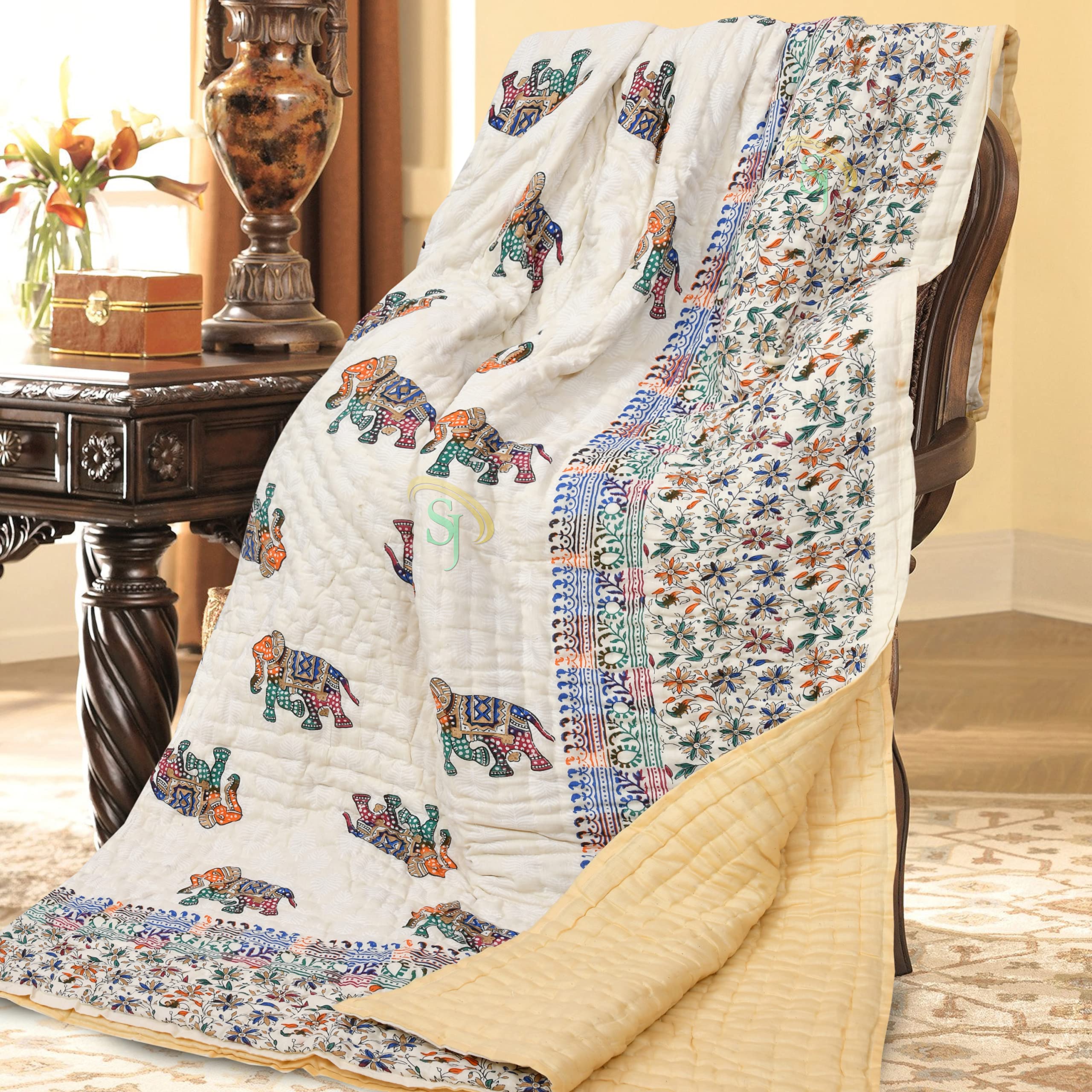SJ Art & Crafts Double Bed 400 T.C Hand Block Printed Jaipuri Rajasthani Razai/Rajai/Quilt 90X108 (Design-Elephent Hand Block)