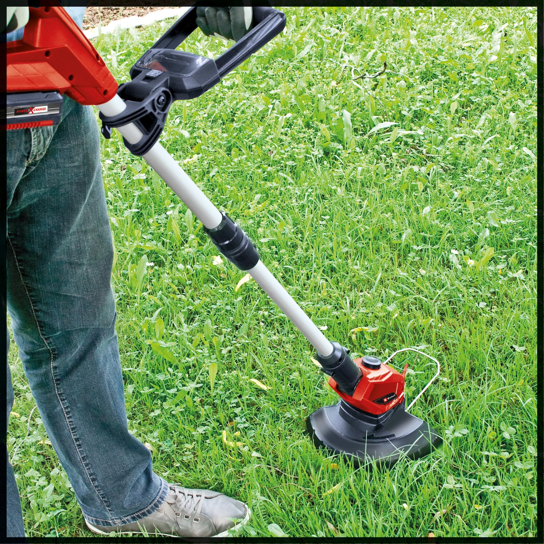 Einhell Recortadora con batería GE-CT 18 Li (1 x 2,5 Ah) Power X-Change (18 V, Cabezal de Motor Giratorio + inclinable, Flowerguard, Incl. 20 Cuchillas de plástico y batería de 2,5 Ah + Cargador)