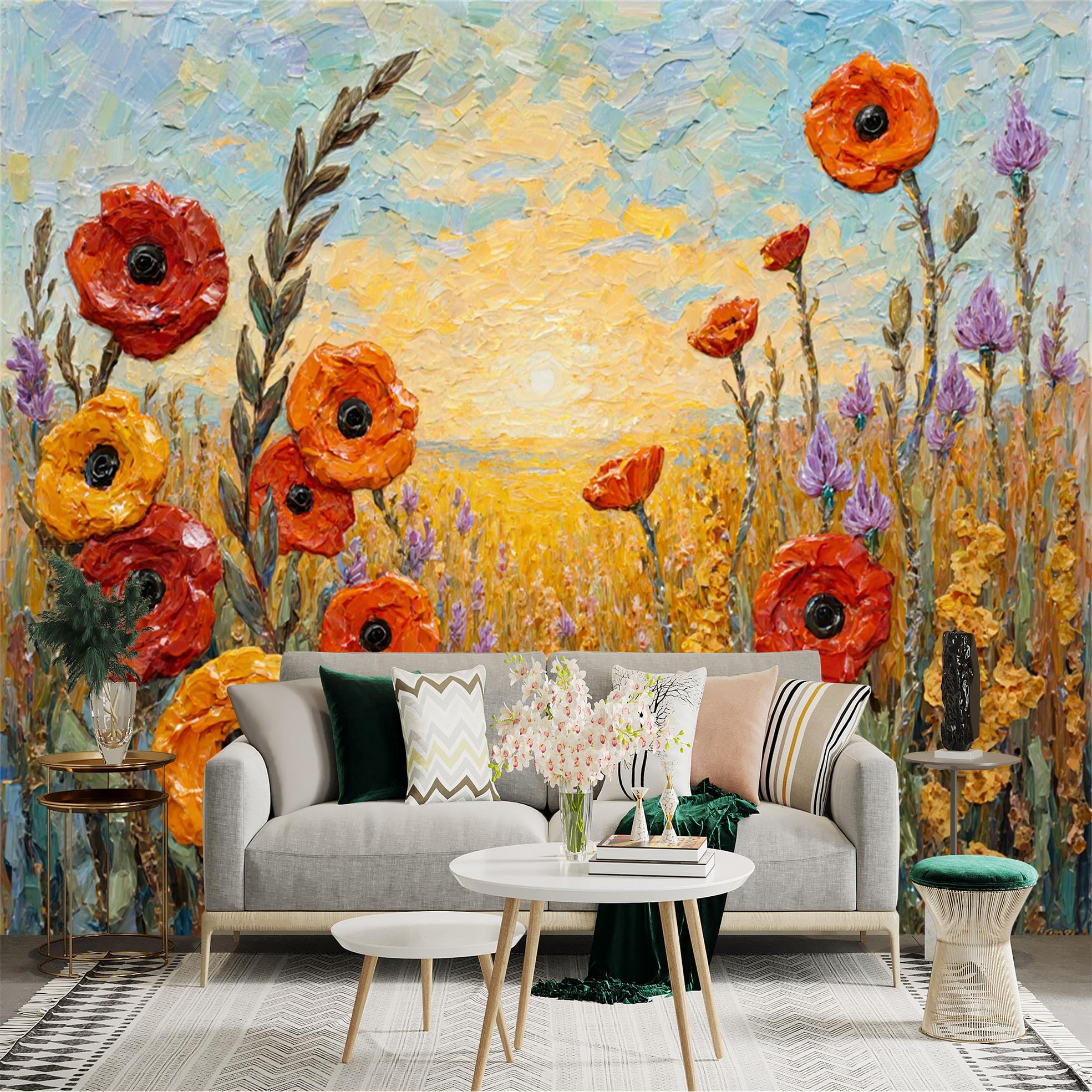 Lnzczhyre Xc260505257 Custom Size Wall Sticker Mural， Impressionist Red And Yellow Flowers， Wildflower Meadow Landscape， Vibrant Floral Oil Painting， For Wall Decoration， Peelandstick Wall Decals.
