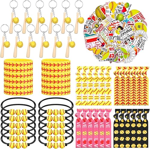 Janinka Juego de 110 piezas de regalos de fiesta de sóftbol para niñas, calcomanías, llaveros, pulseras ajustables, lazos para el cabello, regalos