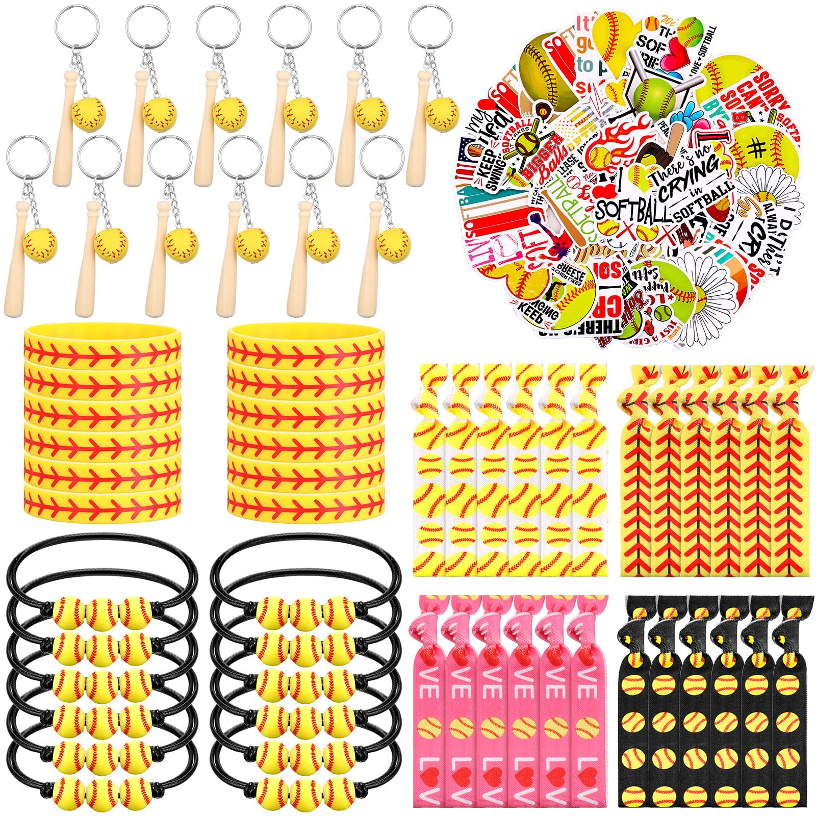 Janinka 110 Pcs Softball Party Favors for Girls Set Stickers Keychains Charm Bracelets Adjustable Wristbands Hair Ties Softball Gifts for Team Sports