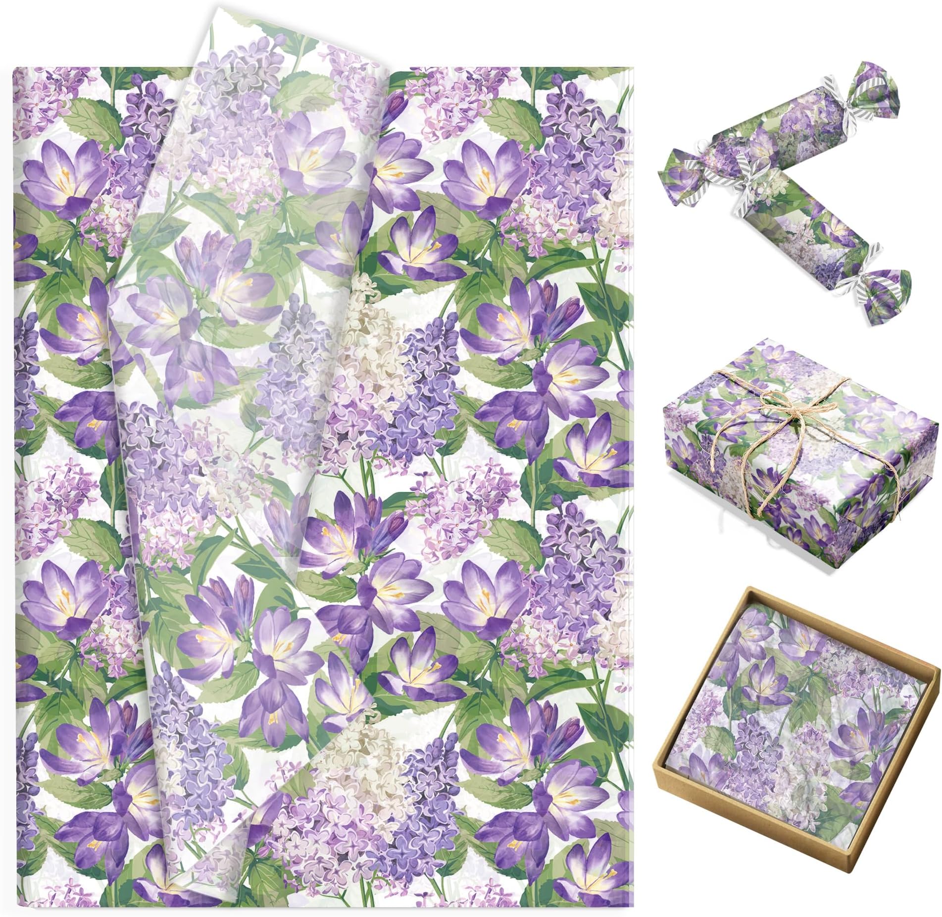 100Sheets Lilac Pattern Tissue Paper Spring Purple Floral Gift Wrapping Paper DIY Gift Crafts Decorative for Birthday Wedding Baby Shower Themed Party Supplies, 13.8 * 19.7inches