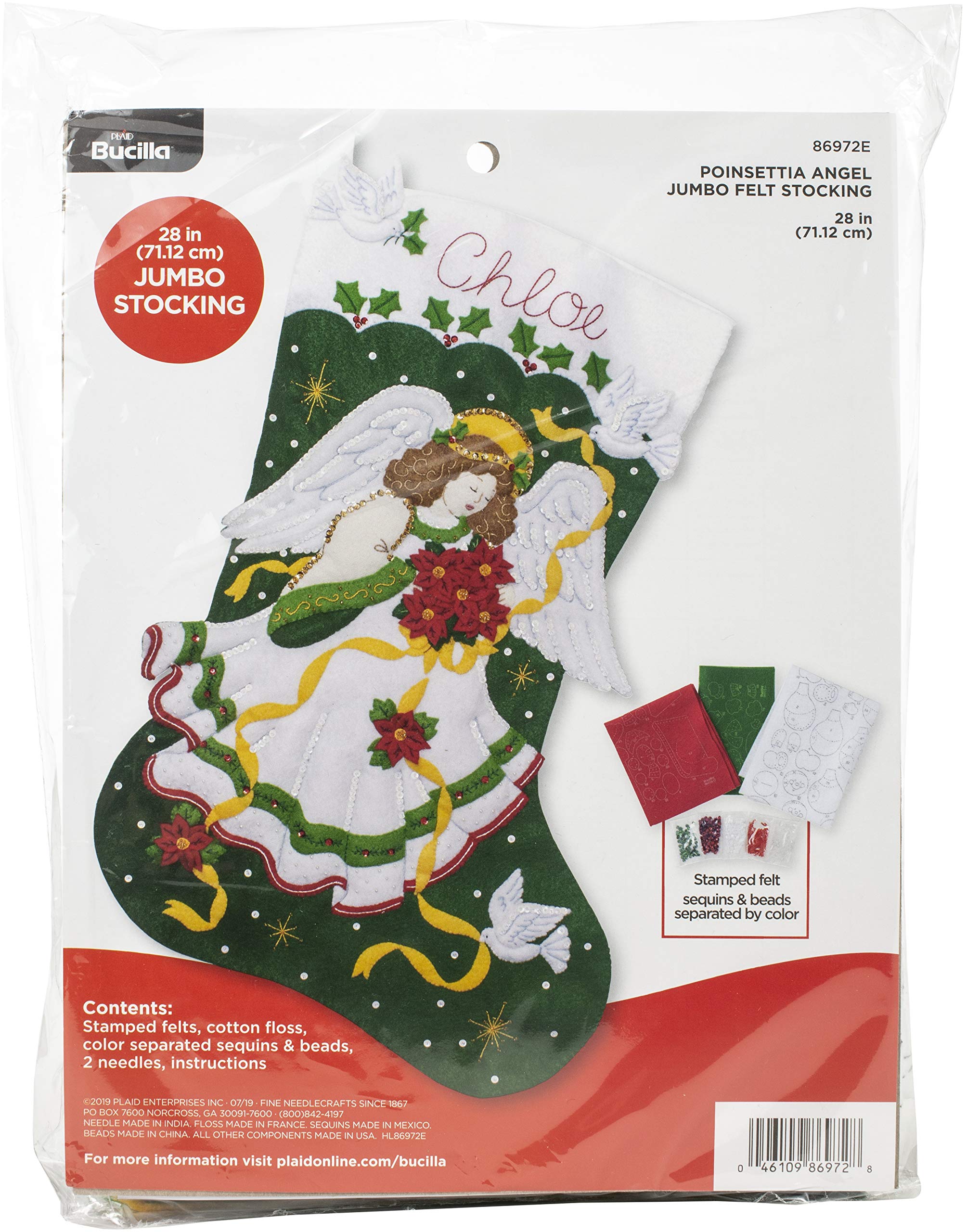 Kit Ricamo Calza Natalizia Bucilla - Applique Feltro 45,7 Cm Con Campane E Poinsettia - 89595E - Foto 6