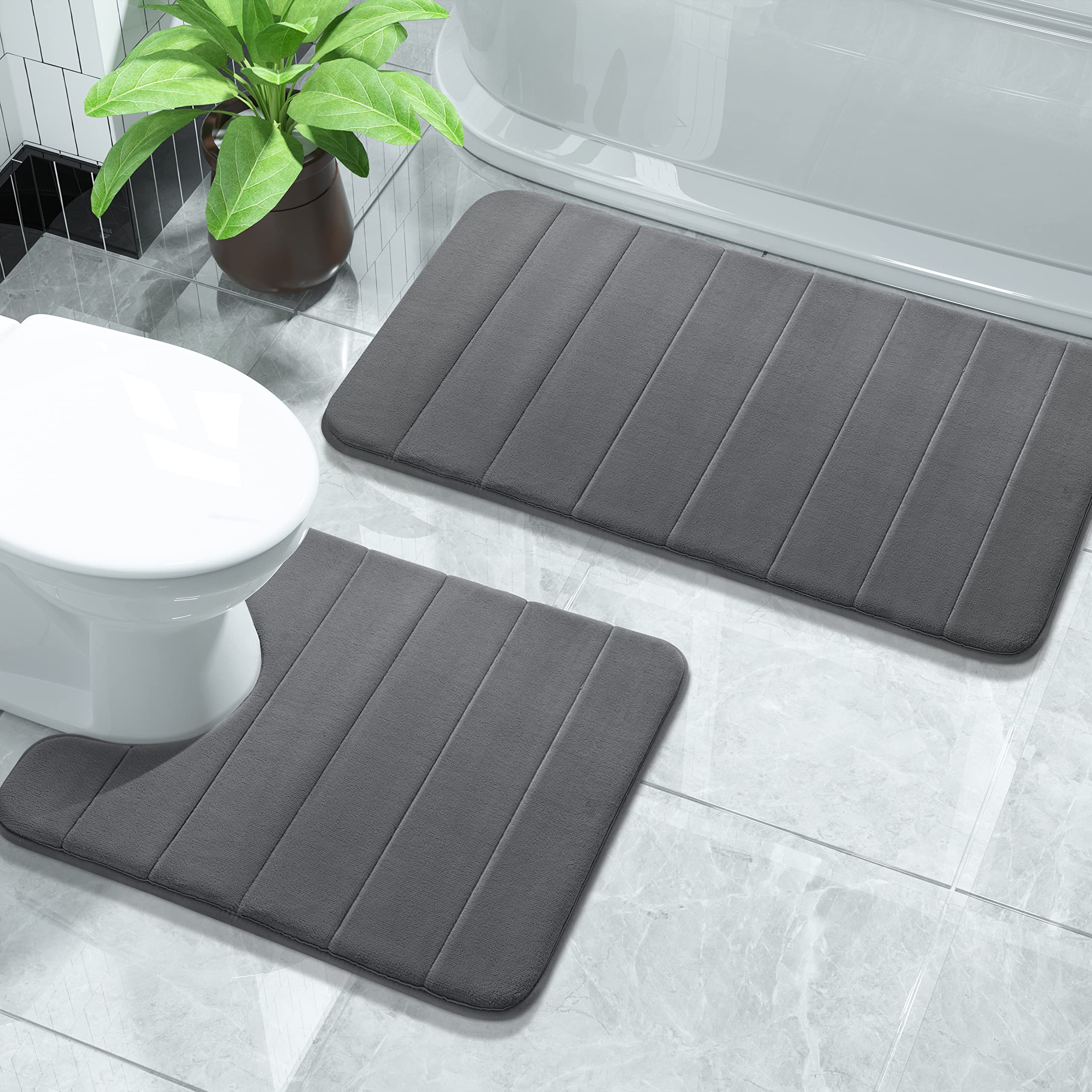 Yimobra Memory Foam Bath Mat Set, 2 Piece Soft Bathroom Rugs, 31.5x19.8 and 24x20.4 U-Shaped Bathroom Rugs, Toilet Mat, Water Absorption, Non Slip, Thick, Dry Fast for Bathroom Floor Mats, Dark Gray