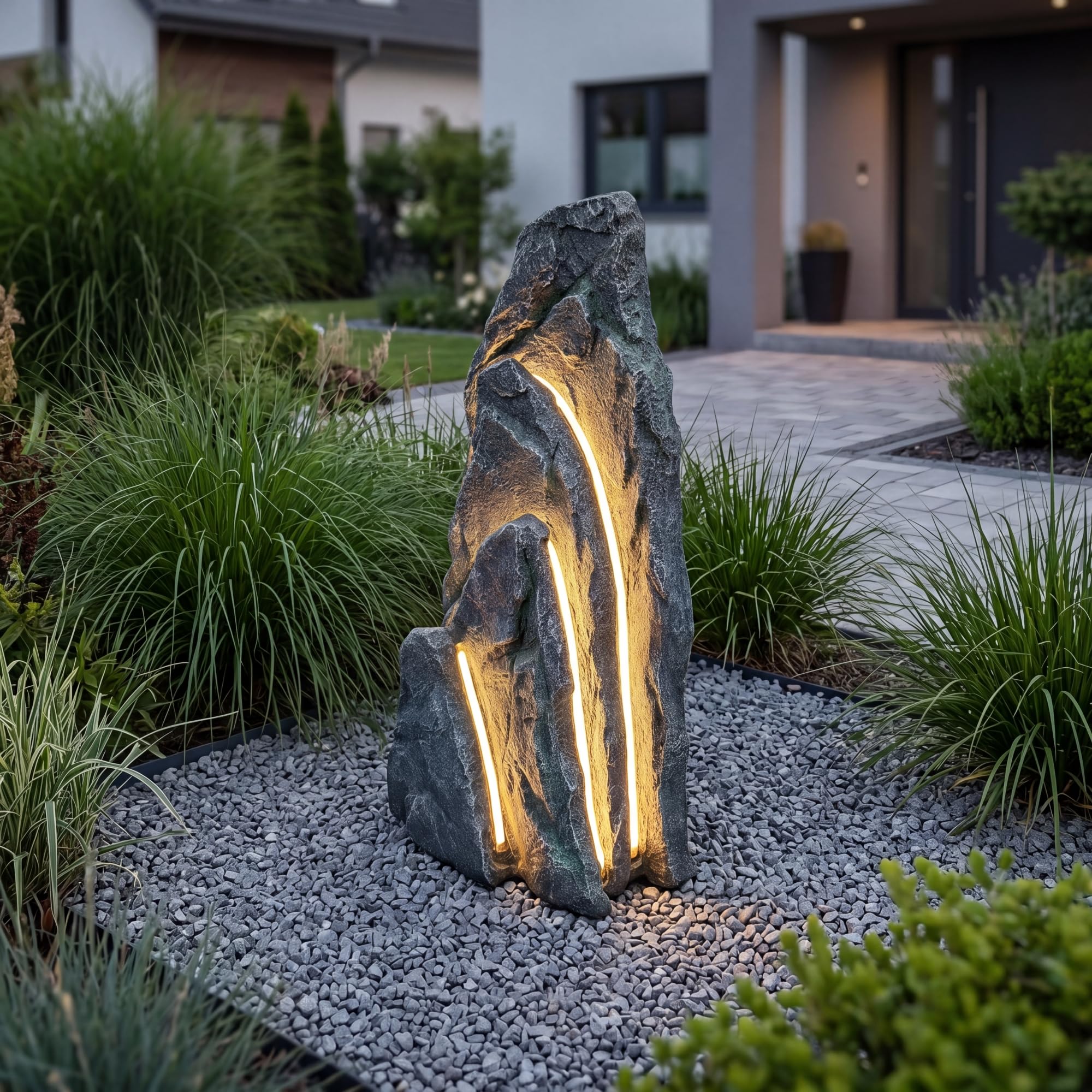 Arnusa Großer LED Leuchtfelsen Gartenfelsen 80 cm, Kunstfelsen mit warmweißen LED-Stripes Gartenleuchte Gartendekoration Teichdekoration Gartenfigur beleuchtet mit Stecker