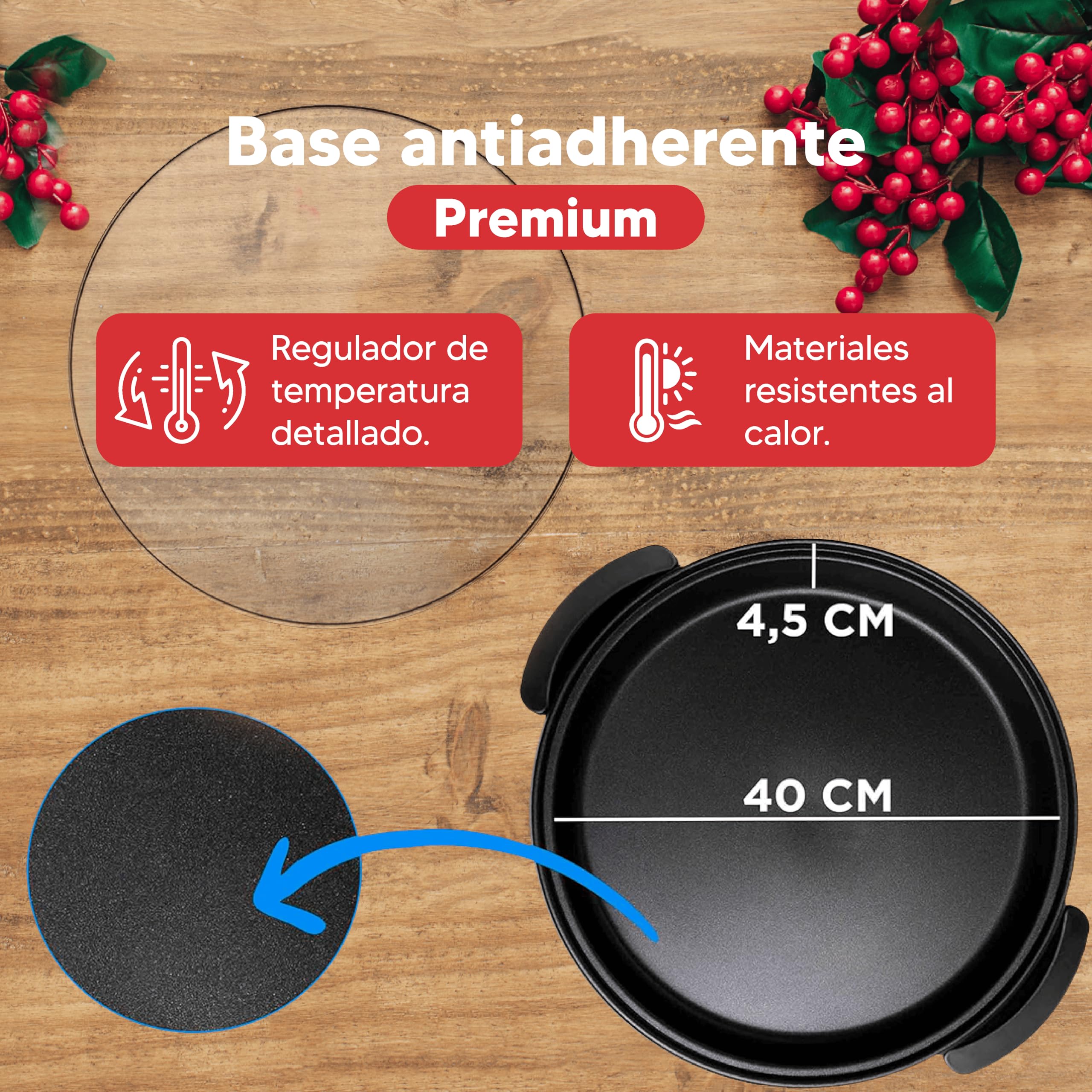 SOGO Padella per paellera elettrica con coperchio in vetro rinforzato e rivestimento antiaderente | Ø interno 42 cm | profondità 4,5 cm | termostato regolabile fino a 240 °C | 1500 W | SENZA PFOA