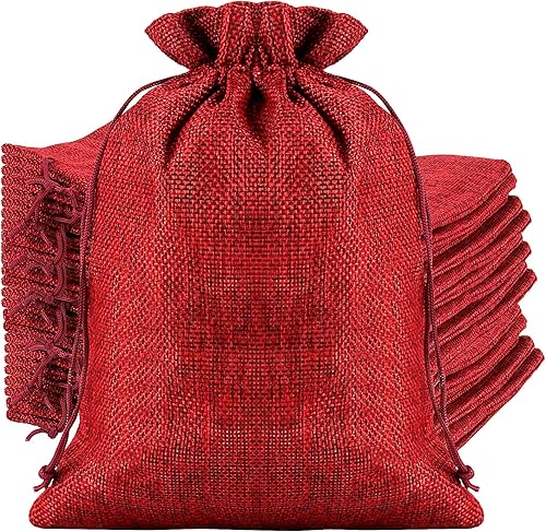 Miniatura 8 de ZOENHOU Paquete de 50 bolsas de arpillera grandes de 5 x 7 pulgadas con cordón, bolsas duraderas de yute rojo vino, sacos de arpillera a prueba de