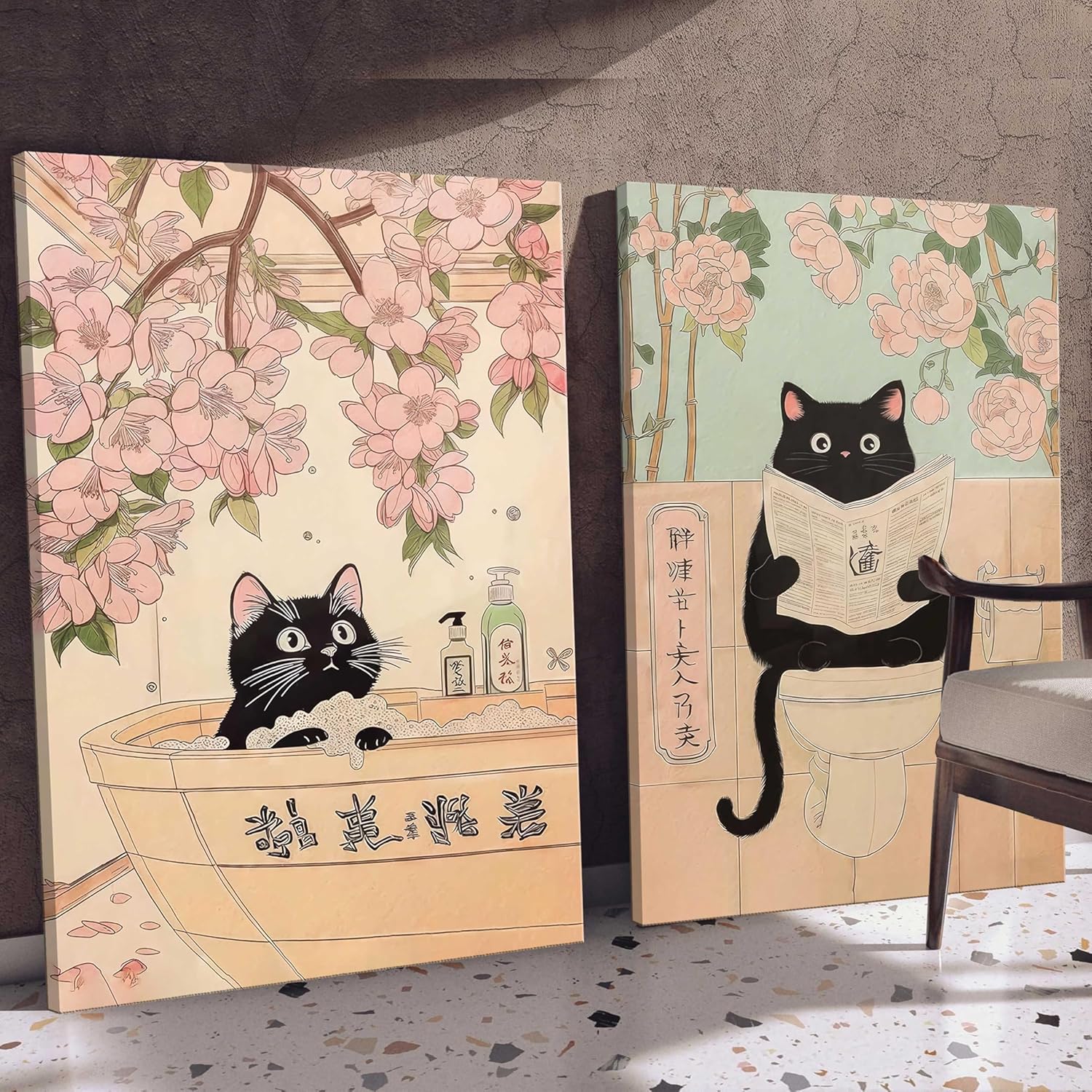 Framed Japanese Cat Bathroom Wall Art Set of 2, Funny Black Cat in Bathtub Wall Decor Paintings, Cute Cat Poster Canvas Prints, Vintage Animal Aesthetic Pictures for Restroom Bathroom 12x16 Inch - Image 8