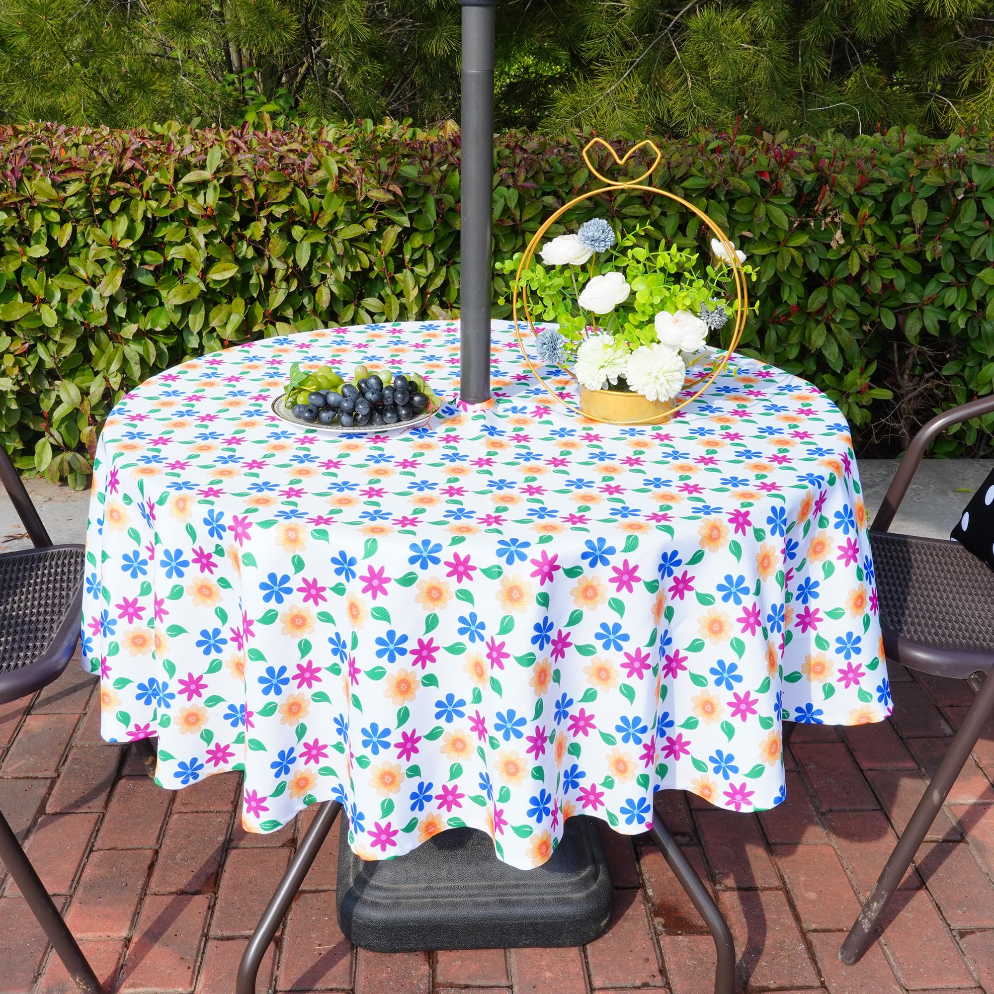 Eternal Beauty 52" Round Tablecloth Waterproof Outdoor Tablecloth with Umbrella Hole Zipper for Spring Summer Patio Picnic Tables (Yellow-Blue Flower, 52" (Round))