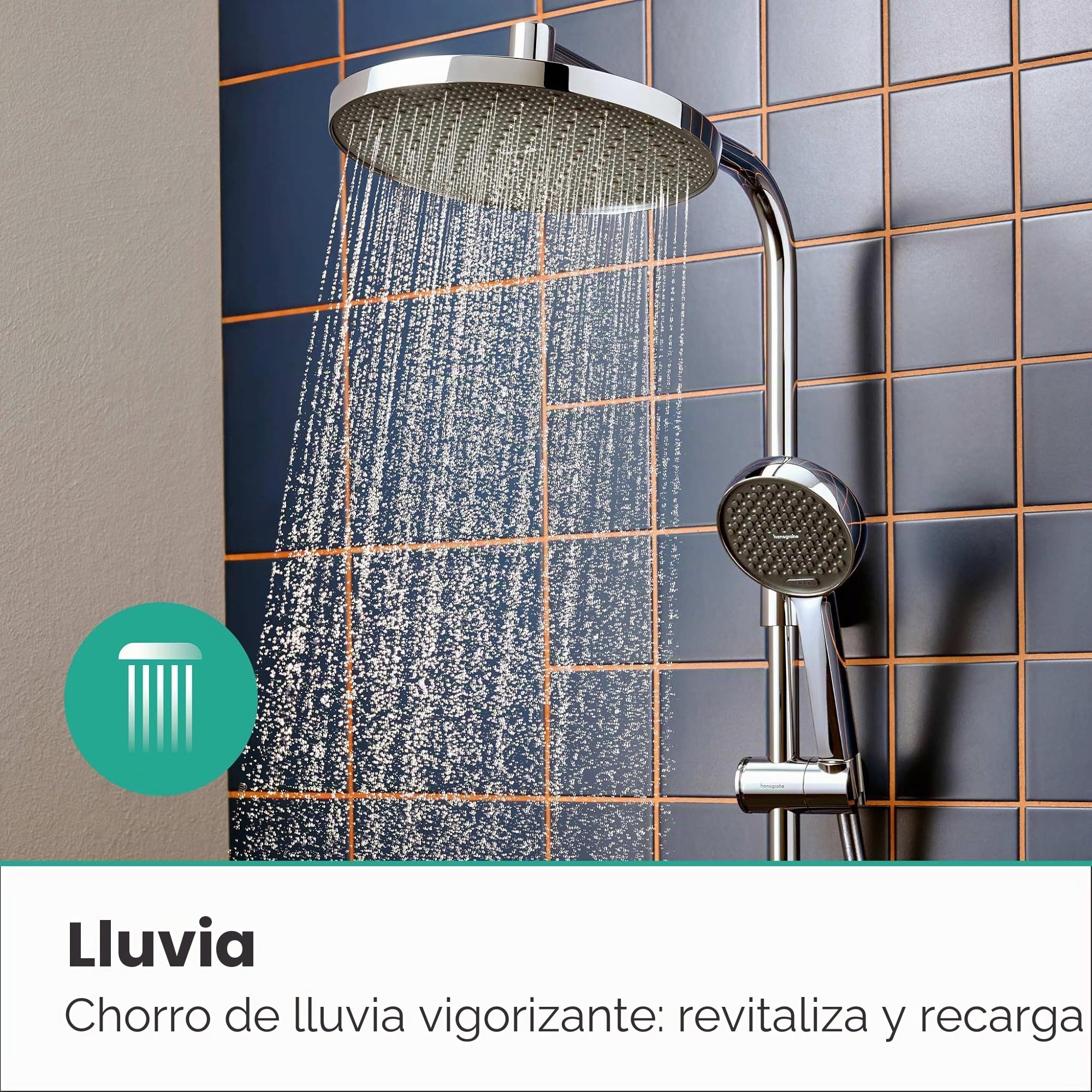 hansgrohe Activera S - sistema de ducha ahorro de agua (EcoSmart) con termostato, ducha lluvia (240 mm) con grifo, ducha de mano (2 tipos de chorro), flexo, barra, ducha fija redonda, cromo, 28078000
