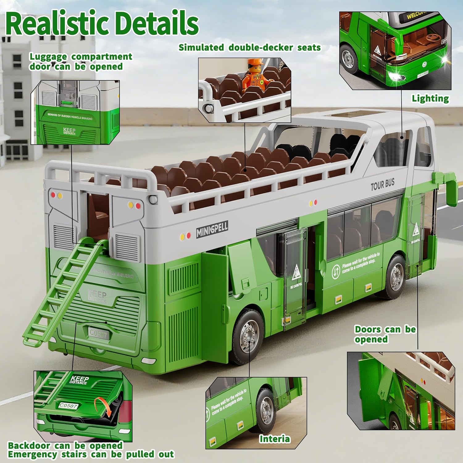 Toy City Bus with Lights & Sounds for Boys and Girls, Realstic Double Decker Bus Toy Great Gift for Kids Boys Girls Ages 3 and Up (Green) image 3