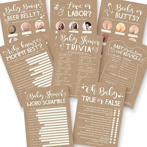 Hadley Designs 75 tarjetas rústicas de predicción y consejos para bebés, 25 verdaderas o falsas, ideas para baby shower, 8 juegos de tarjetas de