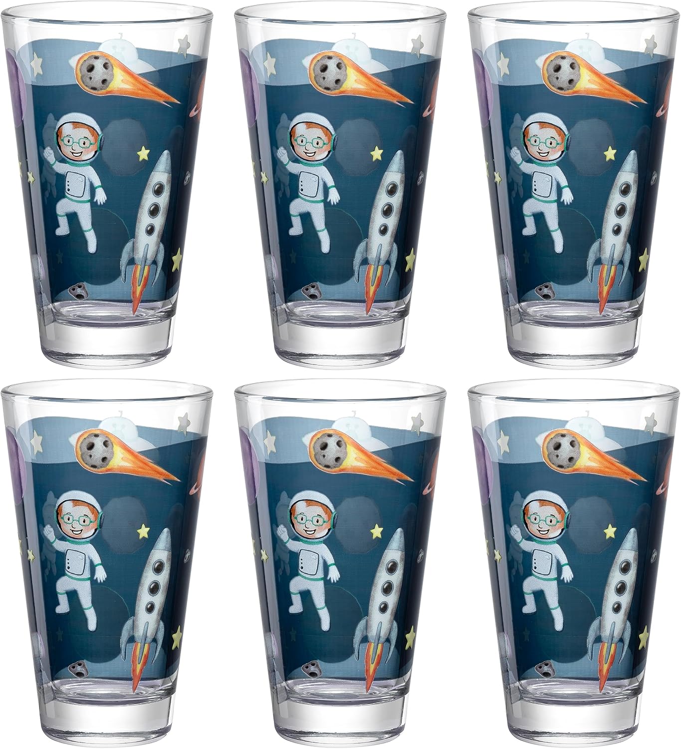 LEONARDO Bambini Avventura 044413 Drinking Cups Set of 6 Children's Glasses with Motif Made of High-Quality Glass Size L Capacity 300 ml Dishwasher Safe Robust Set of 6 with Space Motif