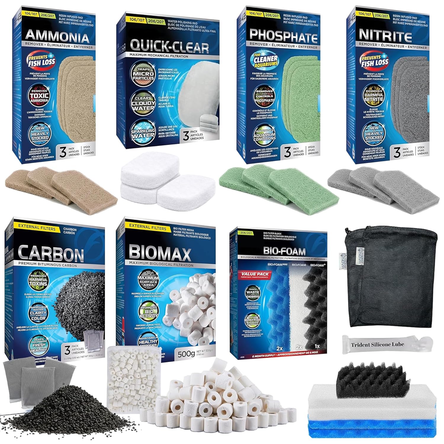 23 Pcs 206/207 Filter Media Canister Filter Maintenance & Replacement Filter Media Kit, Quick Clear, Carbon Bags (300g), Biomax (500g), Bio Foam, Phosphate-Ammonia-Nitrite Remover, Including Mesh Bags