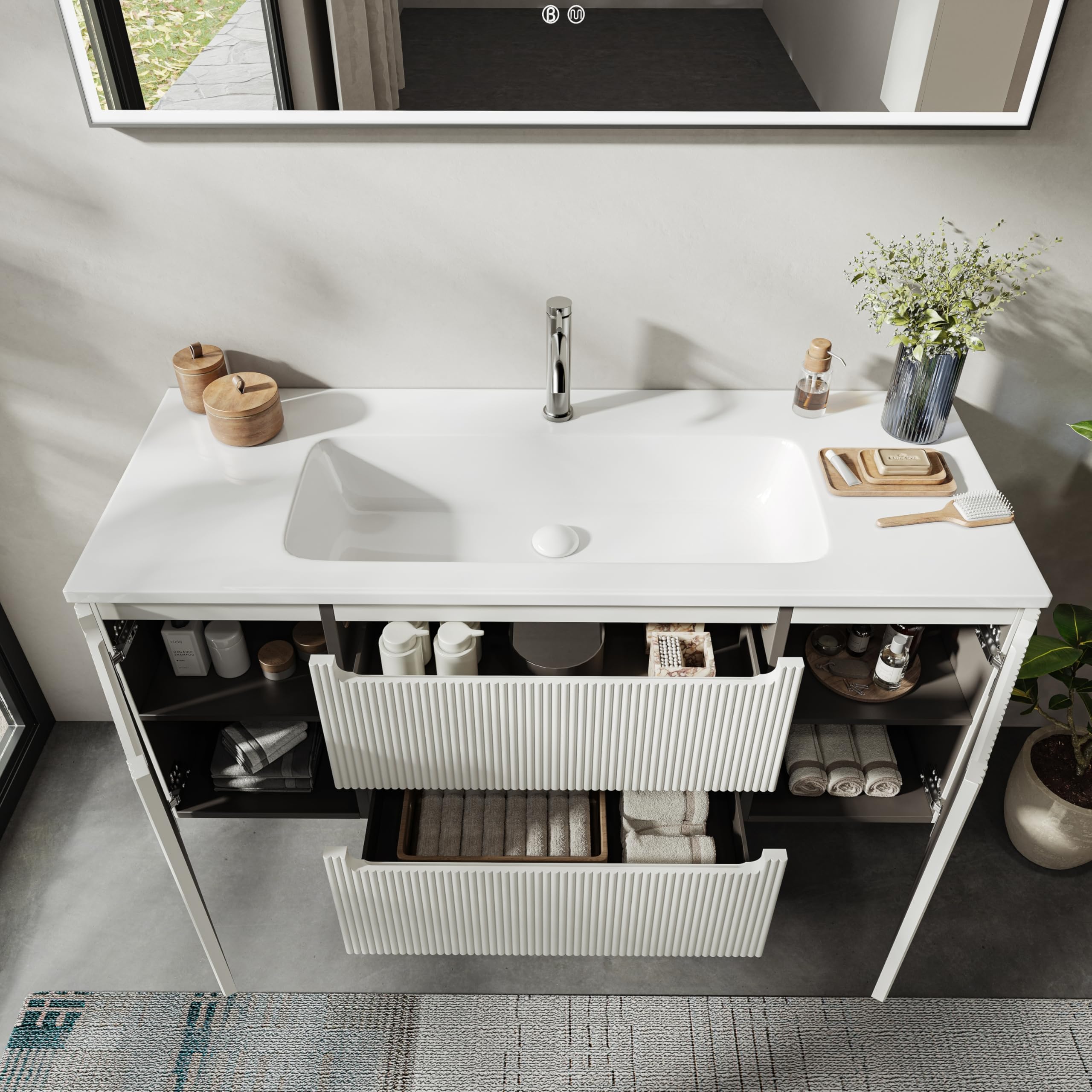Mobile lavabo sospeso 120 cm con lavabo in resina minerale, 2 cassetti e 2 ante, ultrasottile con chiusura ammortizzata, frontale scanalato, per bagno grande, Bianco Opaco
