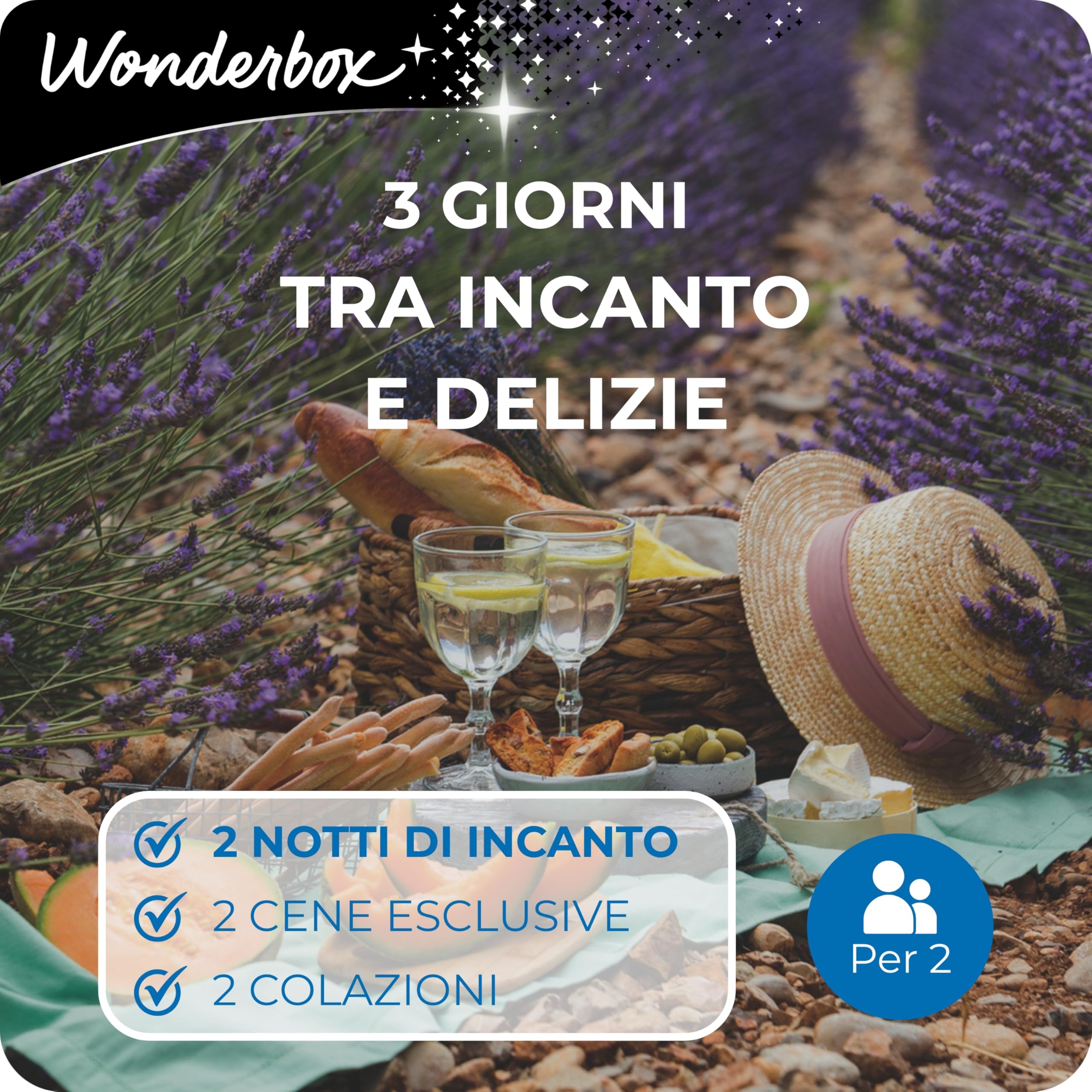 WONDERBOX - Cofanetto Regalo - 3 Giorni tra Incanto E Delizie - per 2 pers | 2 notti + 2 cene esclusive + 2 colazioni - Più di 380 soggiorni - Hotel 4* e 3*, ville, dimore storiche