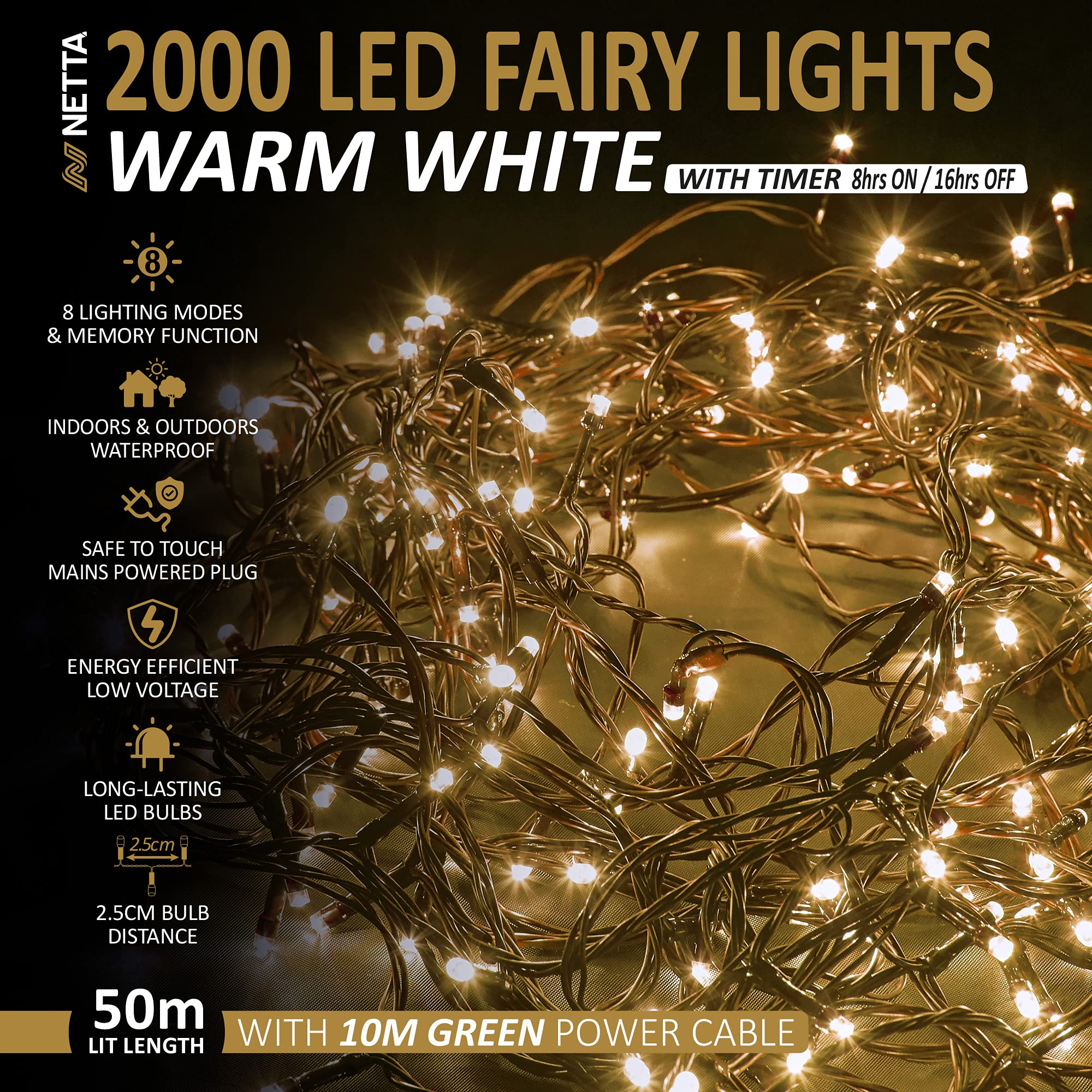 NETTA Weihnachtsbaum-Lichterkette, 2000 LEDs, 50 m, warmweiß, 2,5 cm, Abstand, Lichterkette mit Timer und Speicherfunktionen, geeignet für den Außen- und Innenbereich