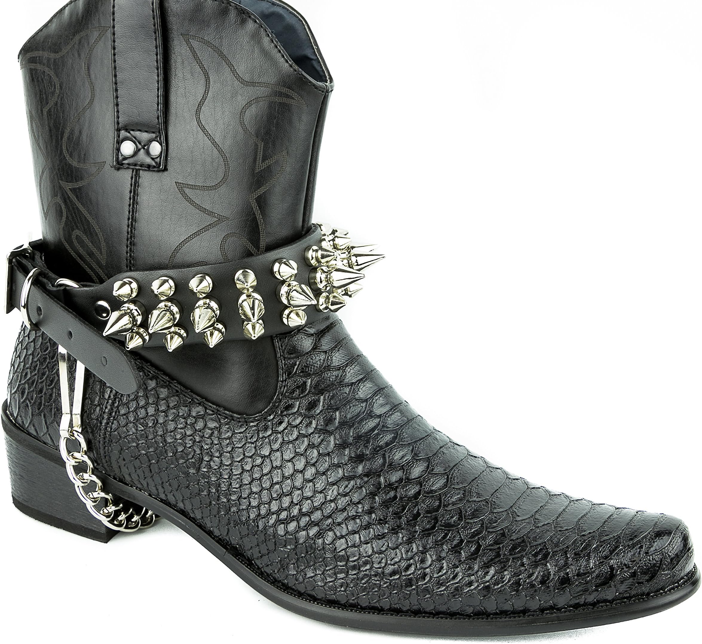 Spike Leather Bootstraps Pair with Chain Western, Bikers Punk Thrash Metal Black