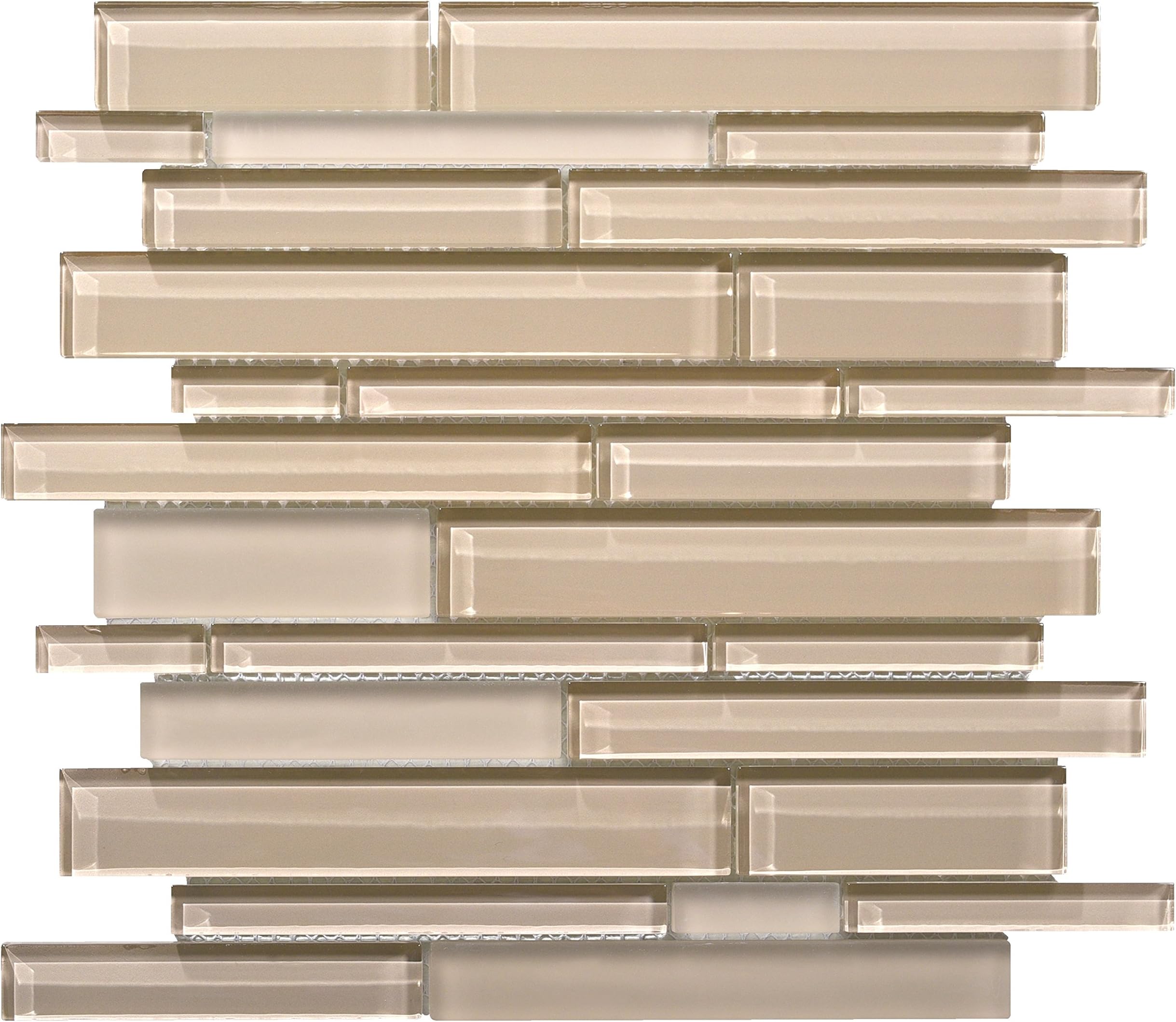 WS Tiles: Interlocking Random Beige Glass, Backsplash, Mesh-Mounted Mosaic Tile for Kitchen & Bathroom - 12 in x 12 in x 8mm Sheet
