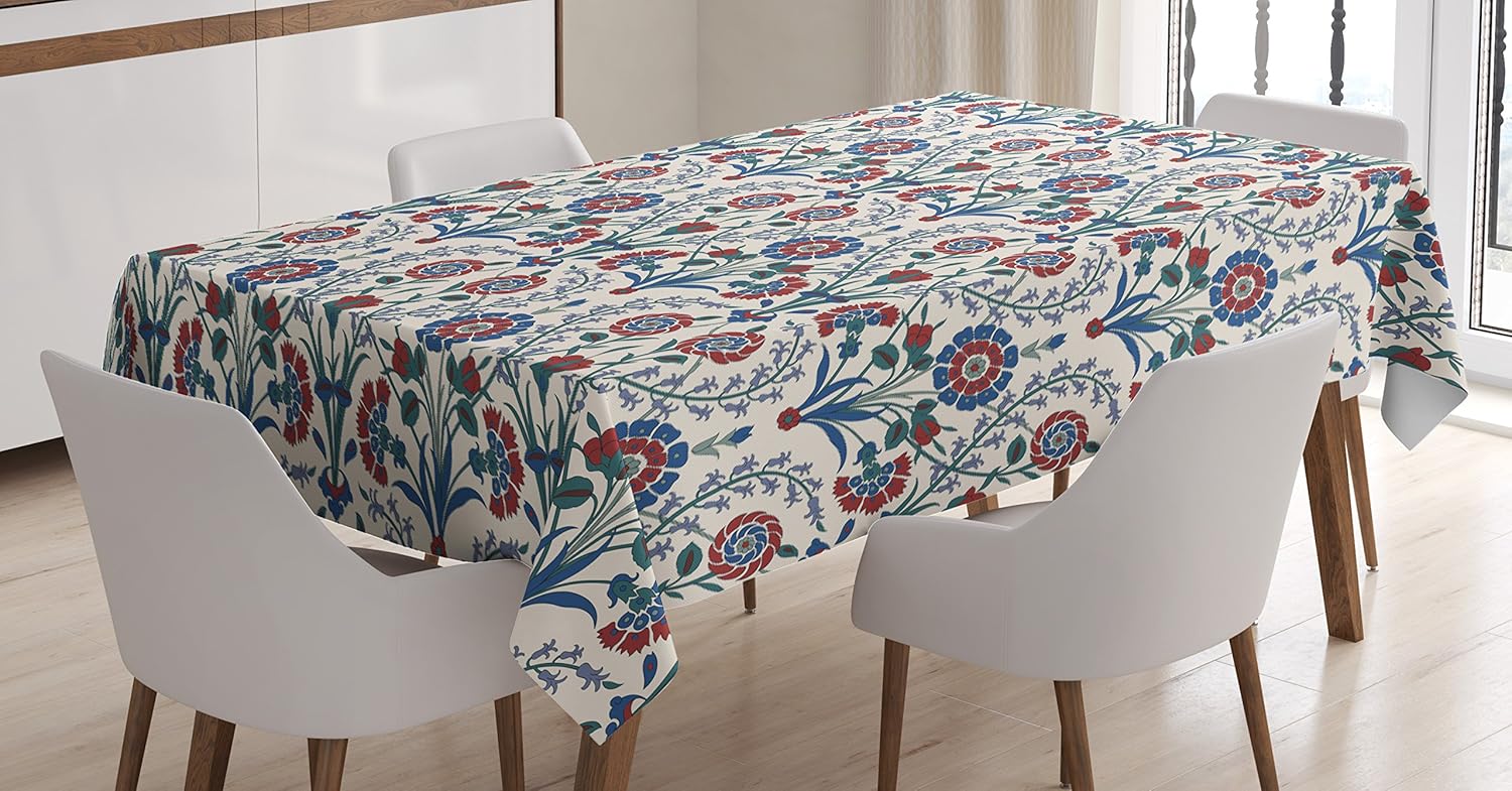 Ambesonne Moroccan Tablecloth, Old Floral Ornament Pattern with Swirled Florets and Leaf Turkish Artwork, Dining Room Kitchen Rectangular Table Cover, 60" X 84", Maroon Teal 60" X 84" Maroon Teal