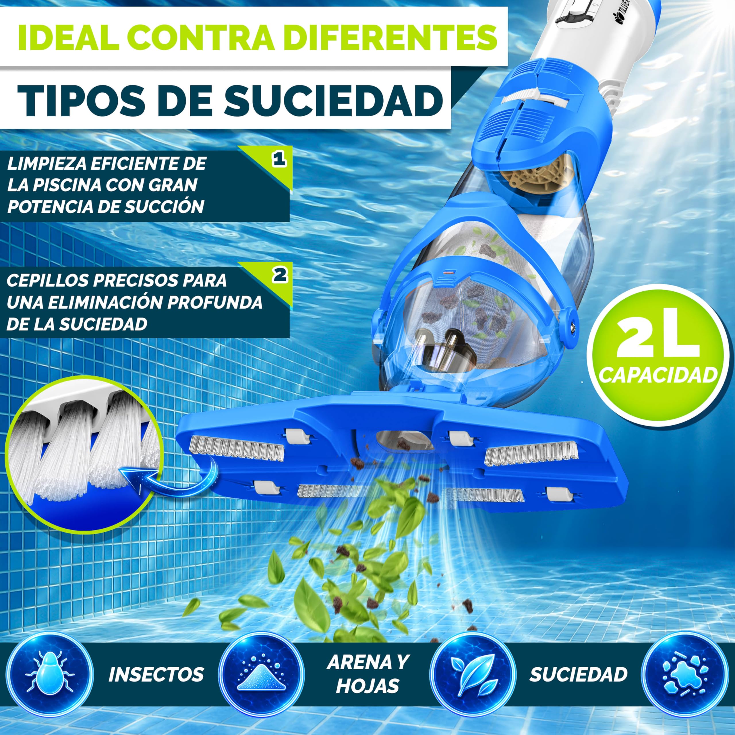 tillvex Aspirador de Piscina con batería y Barra telescópica + Filtro de Repuesto de hasta 15 m³ | Aspiradora eléctrica para Piscina con Filtro y 60 min de autonomía | Set de Limpieza inalámbrico