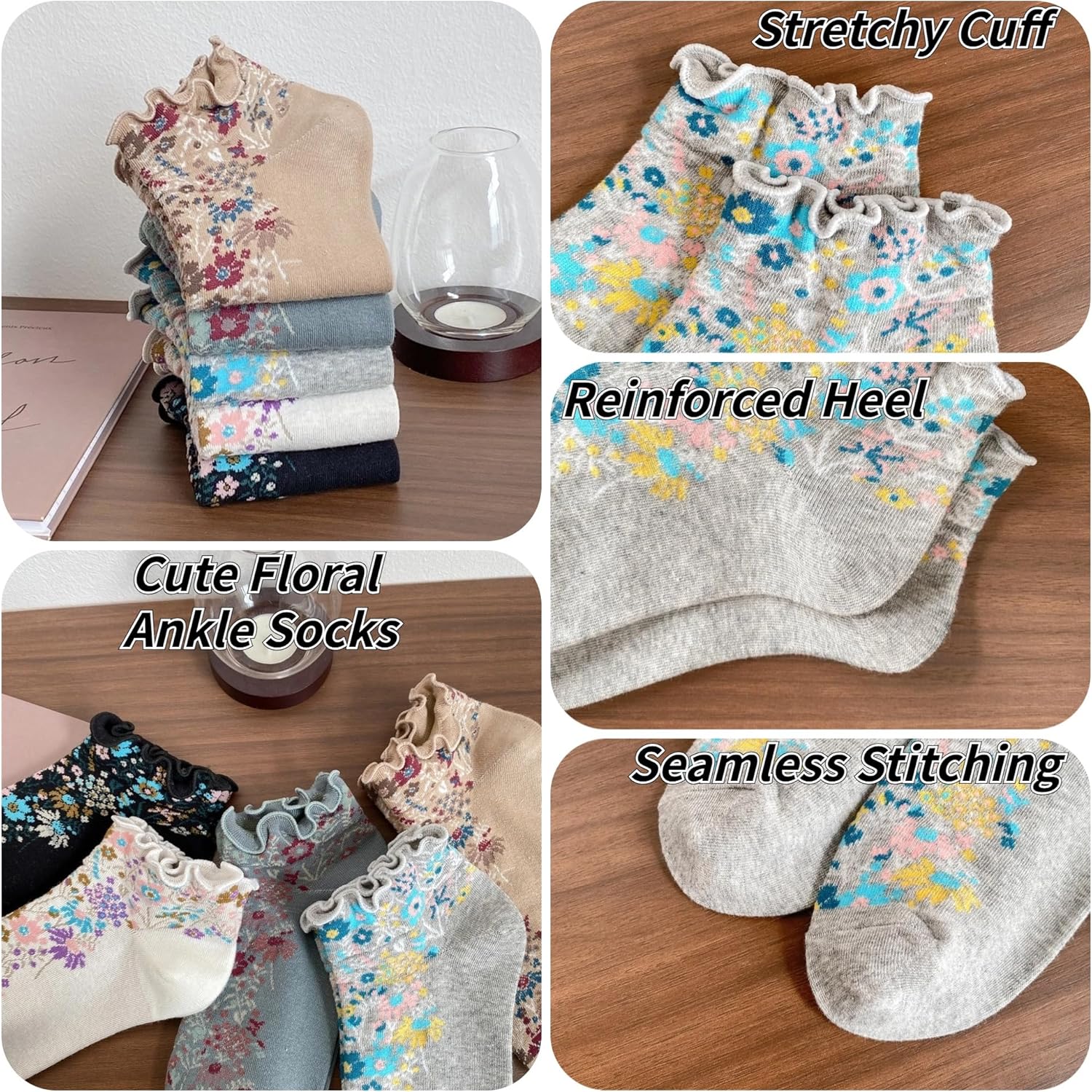 Cute Floral Ankle Socks for Women Girls, Ruffle Cuff Cotton Socks - Image 4