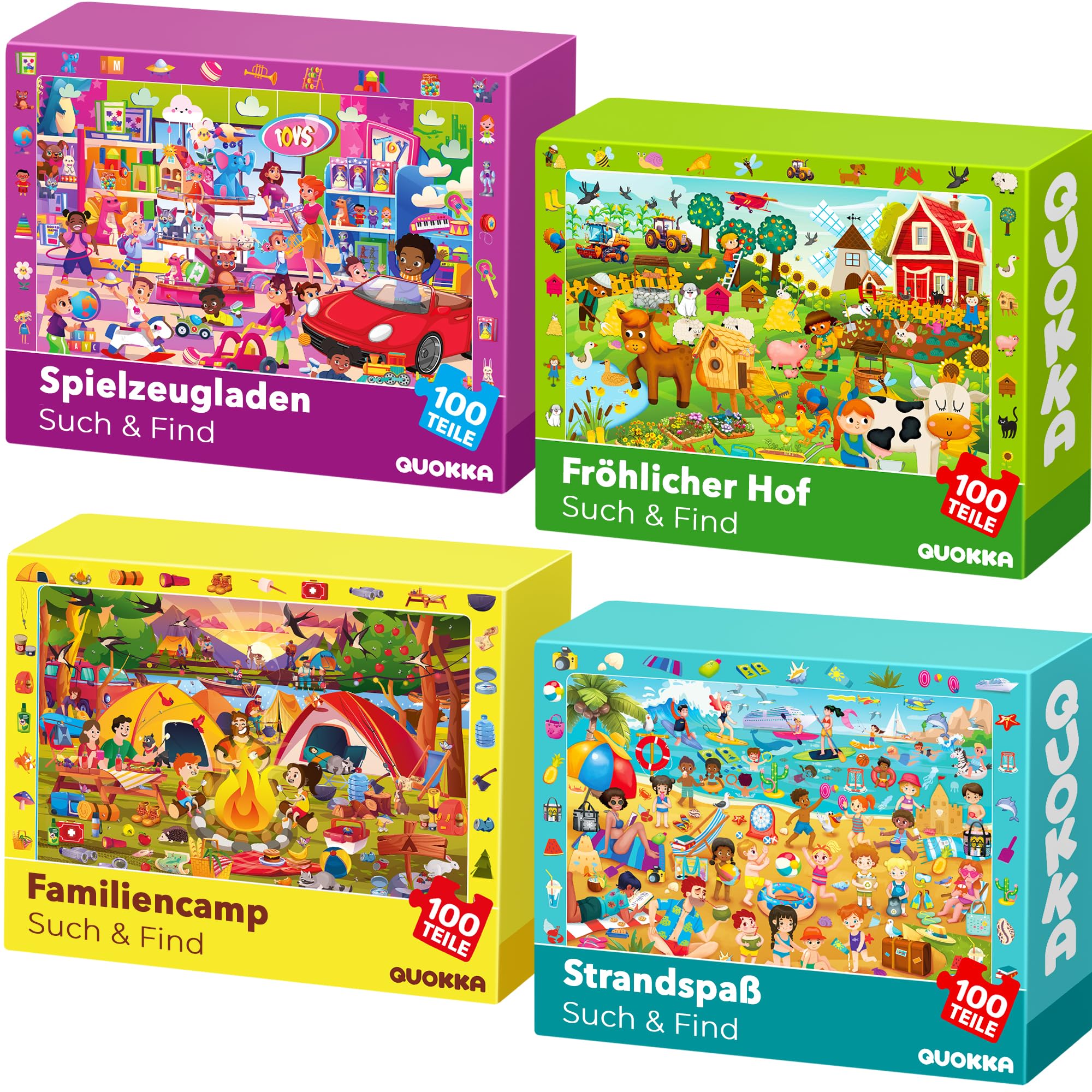 QUOKKA Puzzle ab 3 4 5 Jahre für Kinder - 4x100 Teile Puzzle ab 5 6 für Jungen und Mädchen - Suchen & Finden Kinderpuzzle Spiele im Bauernhof & Strand - Geschenk Spielzeug für Kinder 6 7 8 Jahre
