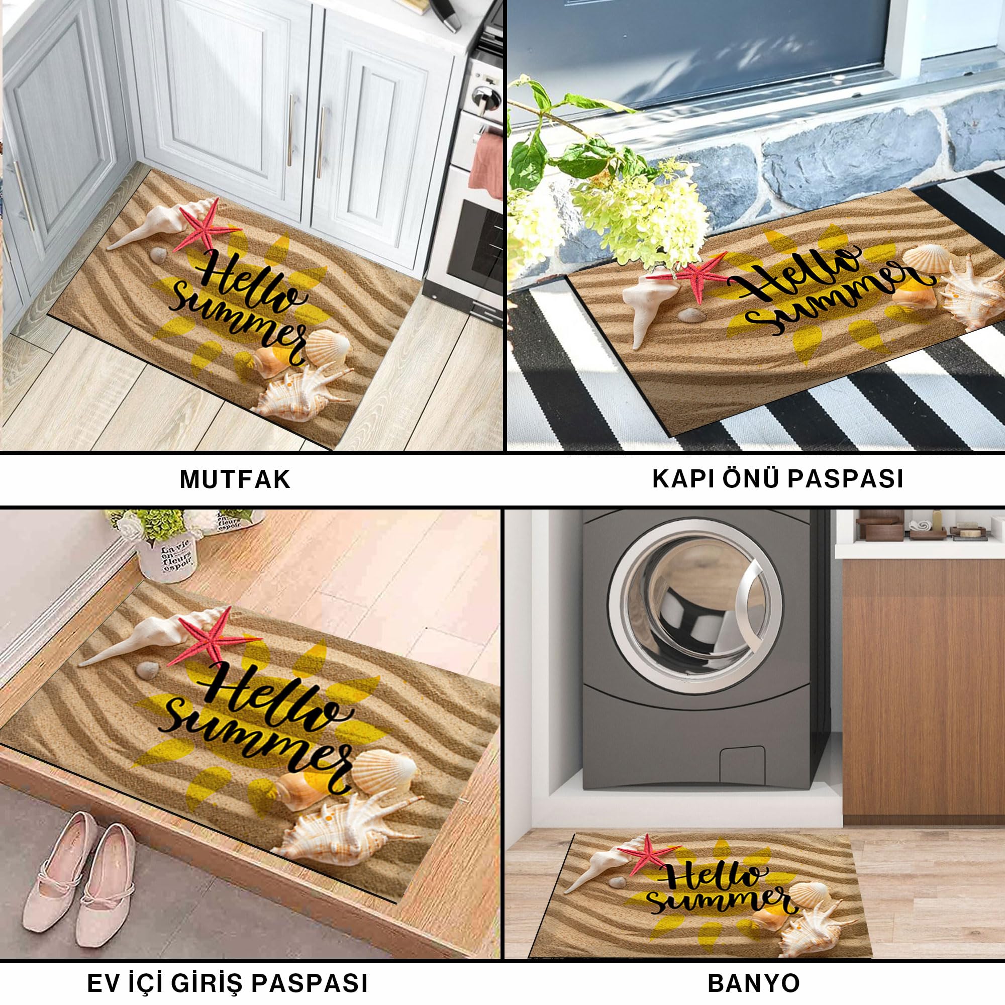 Monnhein Kapı Önü Paspası - Modern ve Şık Kapı Paspası | Ev, Ofis ve Dış Mekân Kullanımı İçin (Hello Summer Kumsal) 45x65