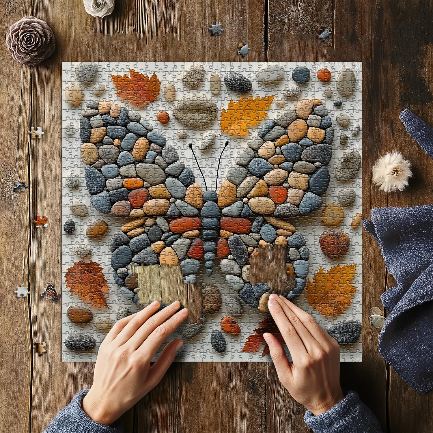 Butterfly Puzzles for Adults 1000 Pieces, Mosaic Stone Art Colorful Wings Jigsaw Puzzle, Butterfly Nature Aesthetic Puzzle Fall Leaves Pebble, Challenge for Adults
