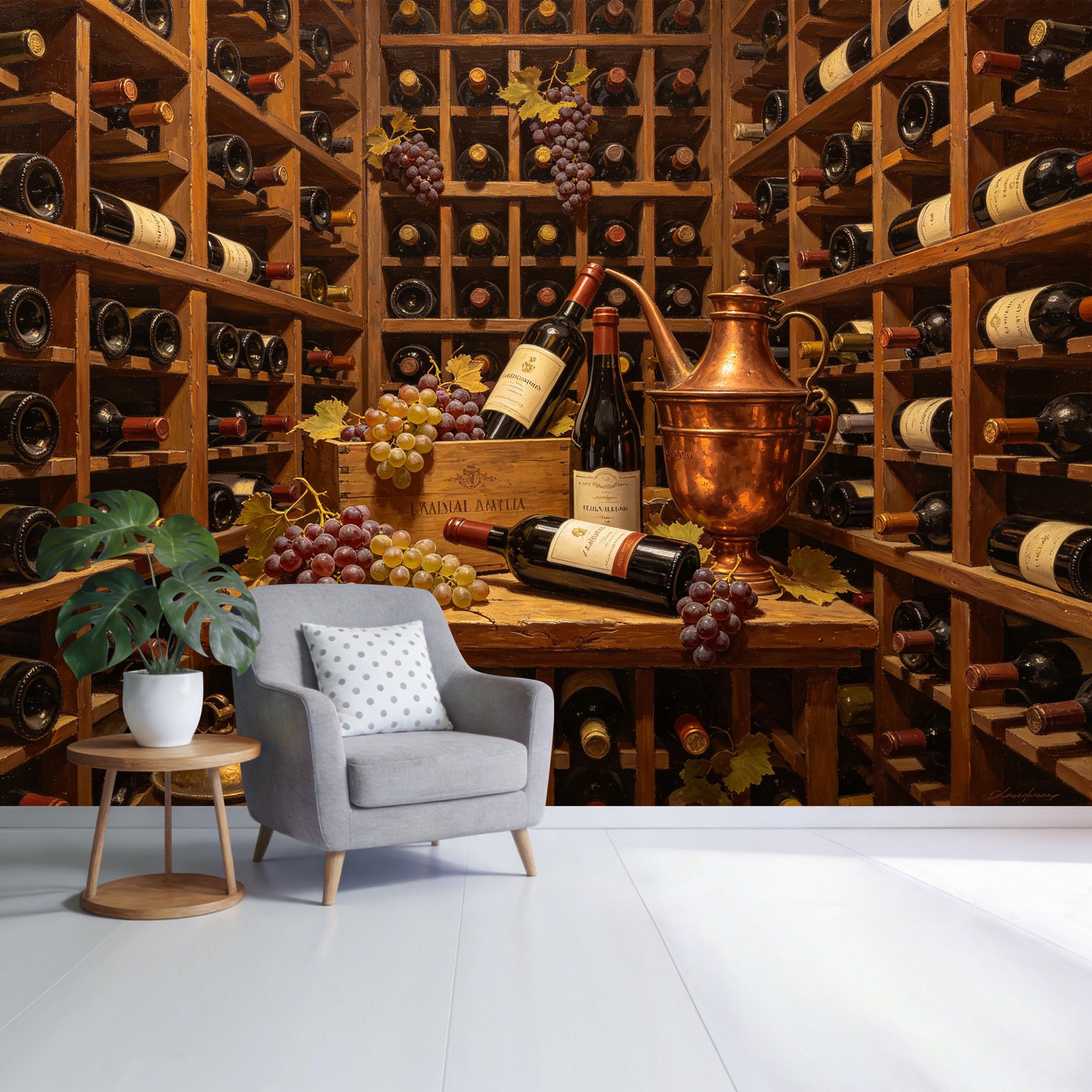 Custom Size Wall Mural Vintage Wine Cellar Grapes Copper Pitcher Still Life Oil Painting SelfAdhesive Wall Fabric Removable Wallpaper for Home Office Decor