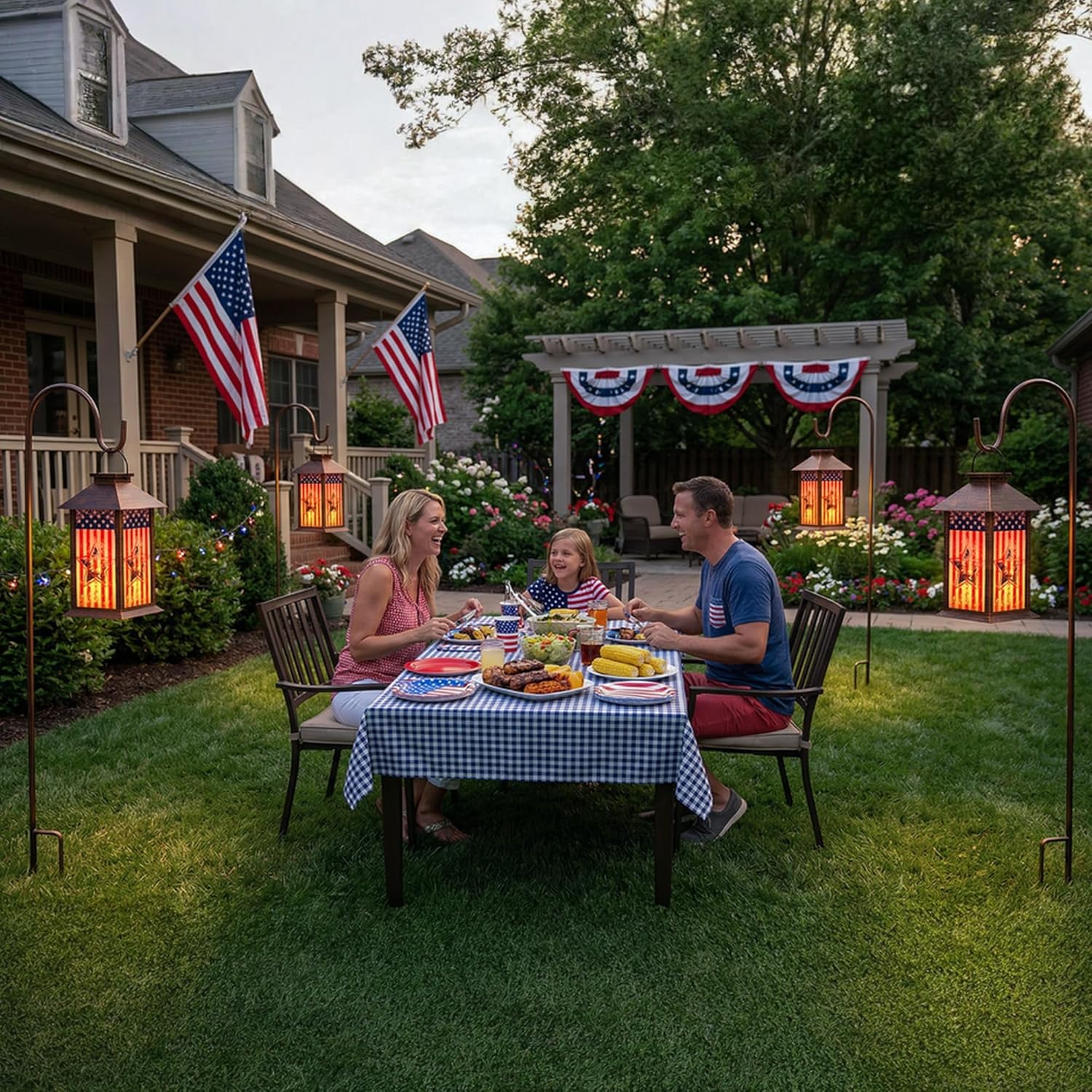 4th of July Solar Lanterns Outdoor Waterproof, American Flag Hanging Lantern with Flickering LED Candle, 13" Patriotic Lanterns Independence Day Decorations for Patio Porch Garden Yard Pathway, 1 Pack