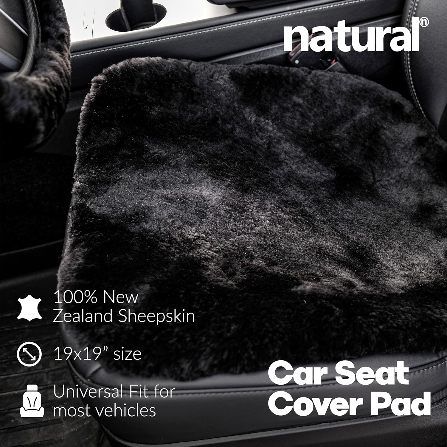 Natural Sheepskin Car Seat Covers for Women and Men | 100% Genuine Sheepskin Fur Seat Pad for Cars & Jeeps with Elastic Straps and Non-Slip Suede Backing, 19 x 19”, 1 Pc (Black)