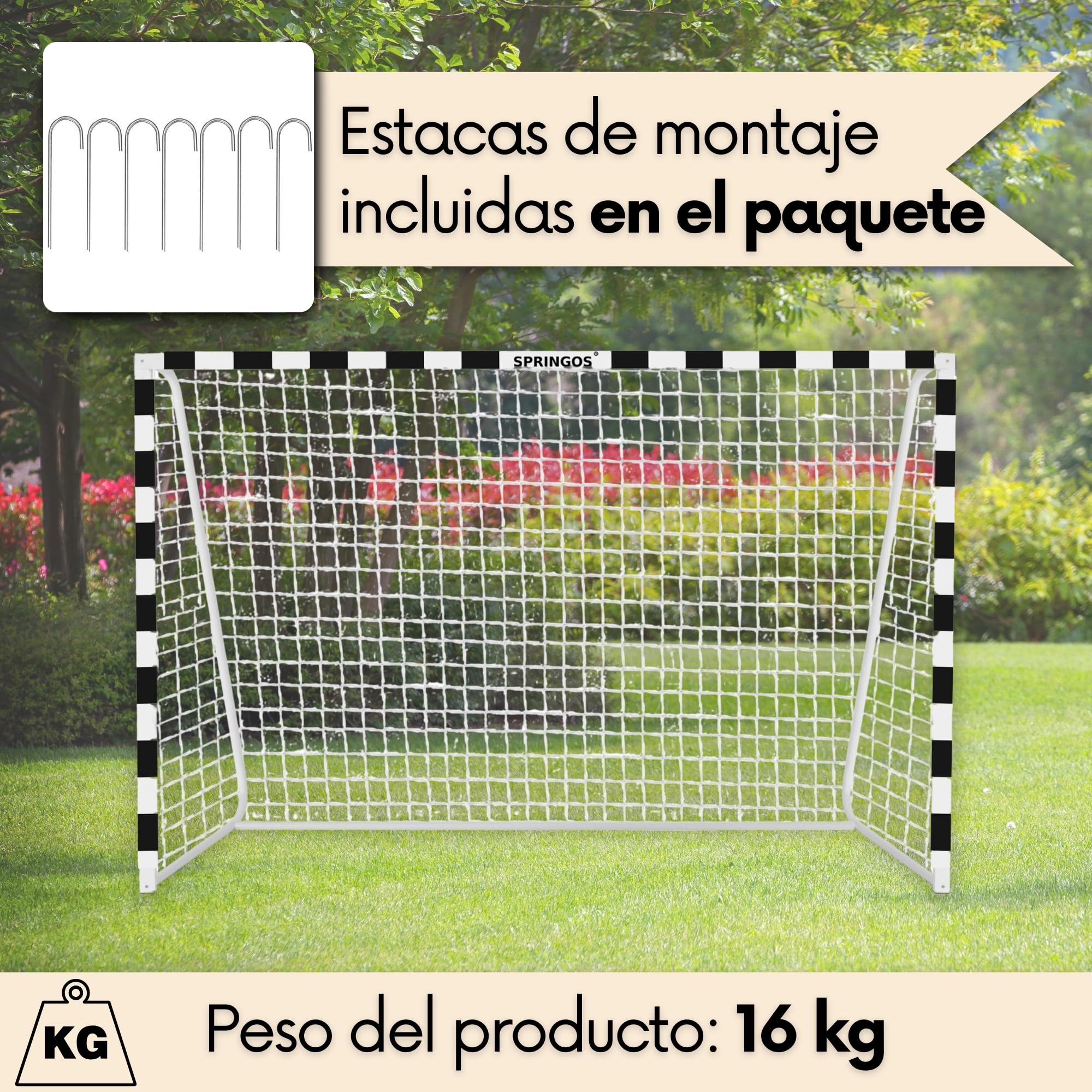 SPRINGOS Portería de fútbol con red de fútbol, 300 x 200 cm, de acero,Blanco